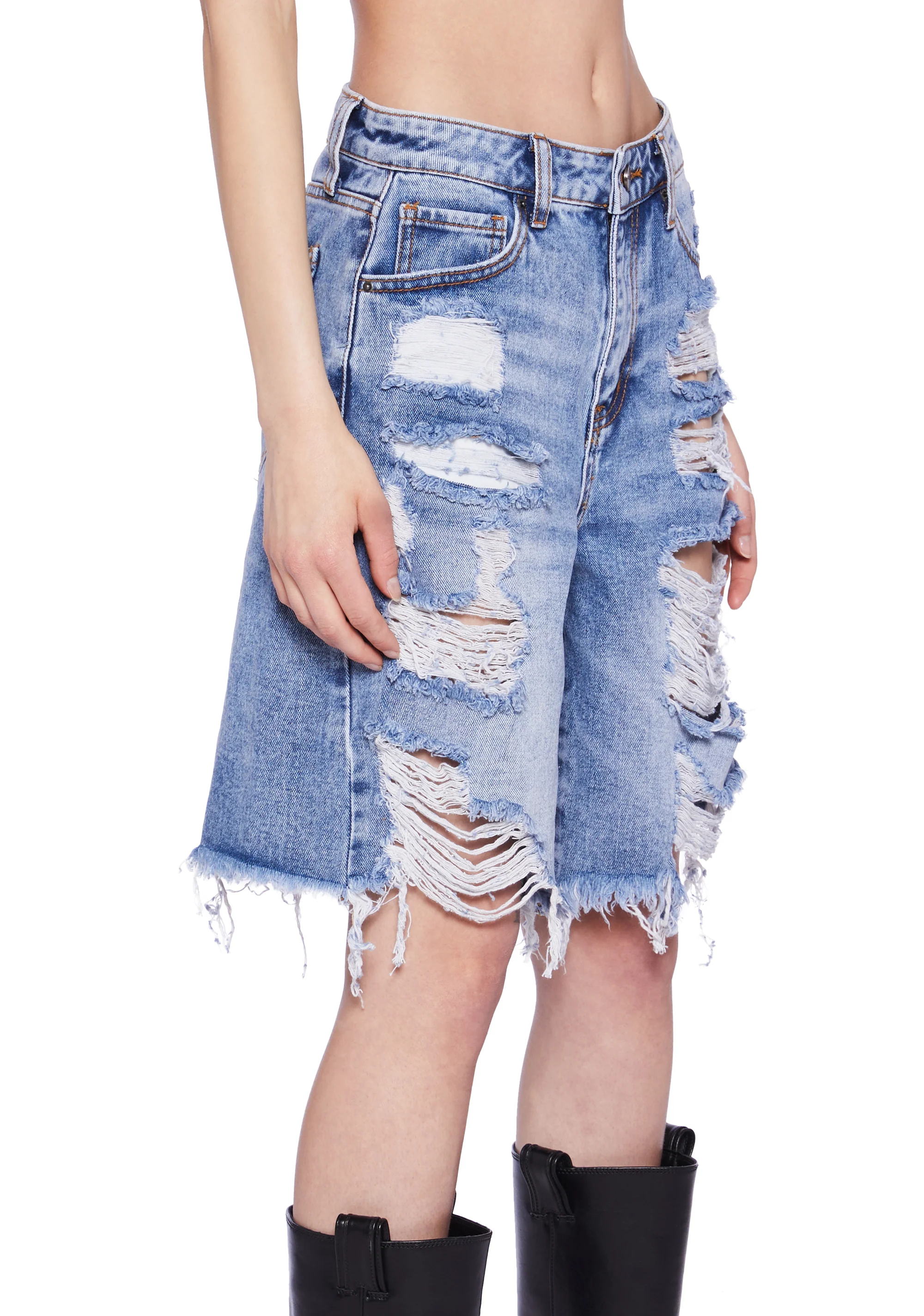 High Rise Distressed Denim Shorts - Image 3