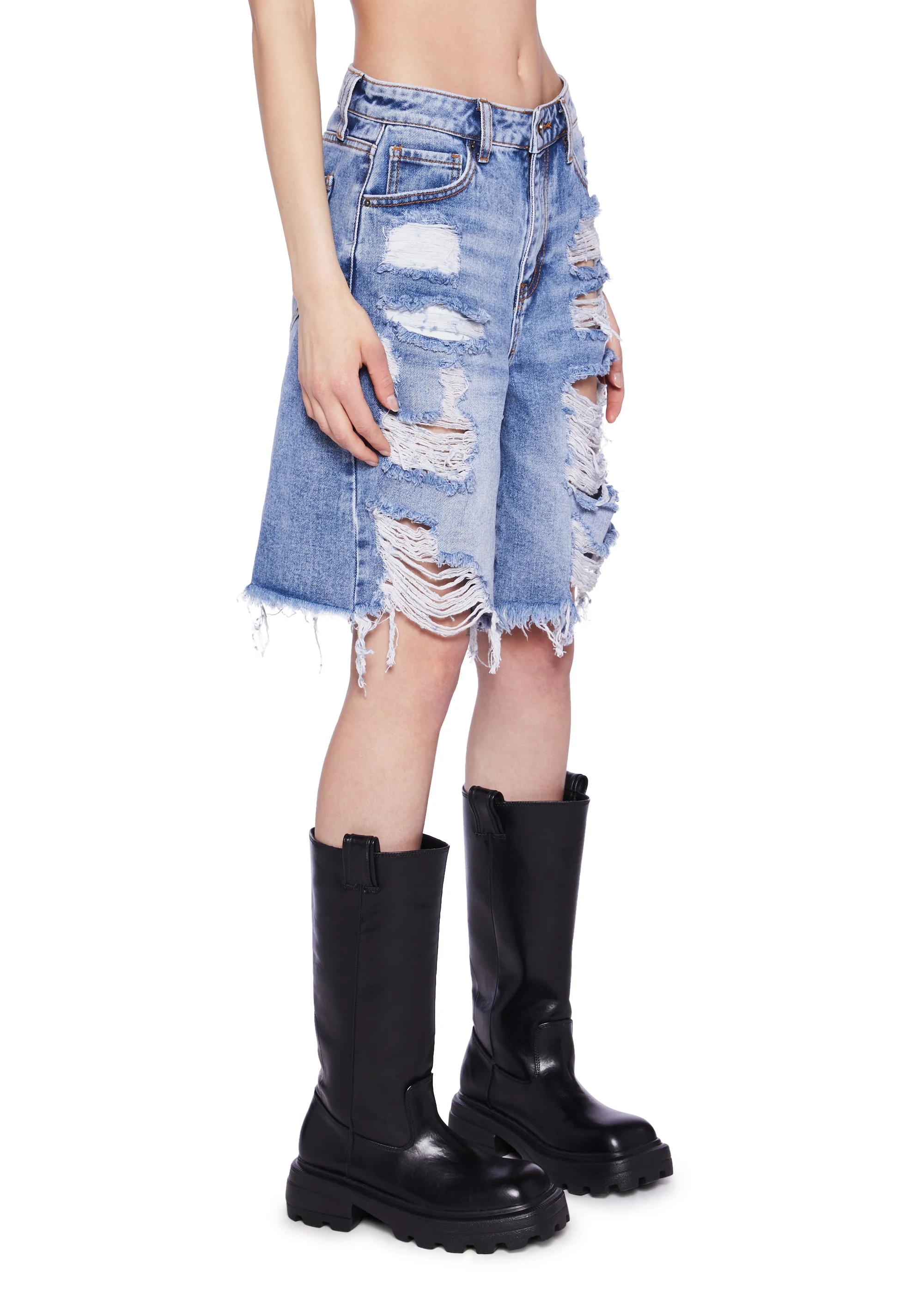 High Rise Distressed Denim Shorts - Image 4