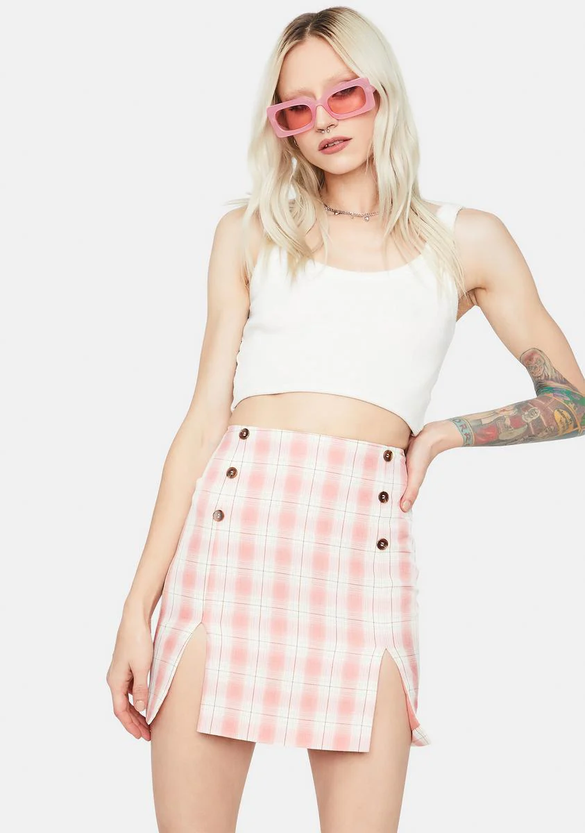 Just Peachy Gingham Button Waist Mini Skirt - Image 2