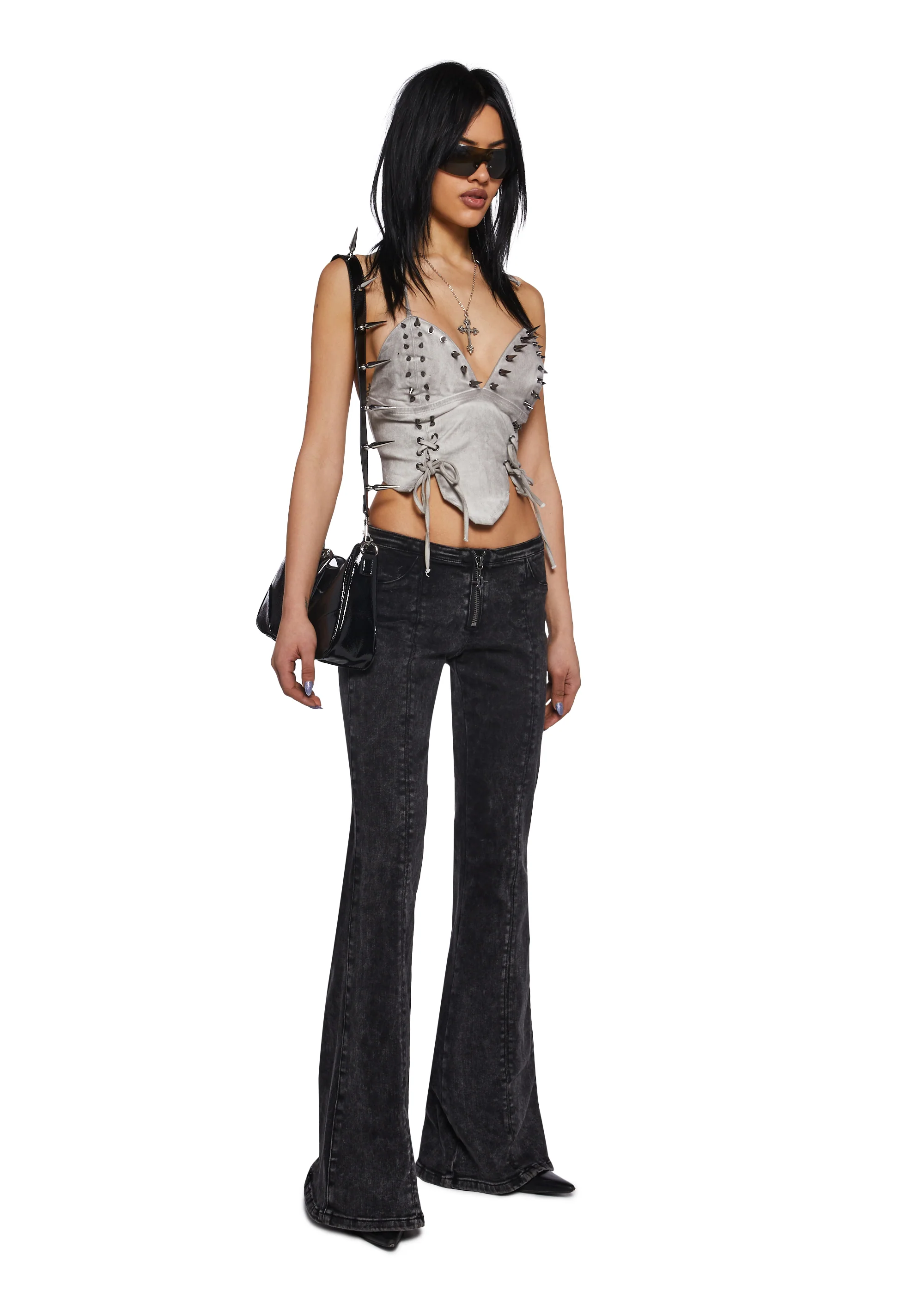 Lace Up Flare Denim Jeans - Image 2