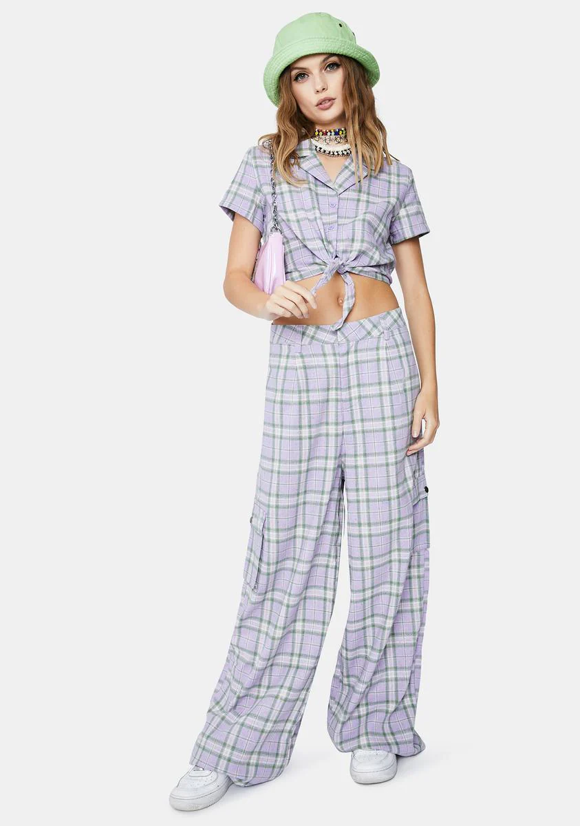 Lilac Checked Tie Front Crop Top - Image 3