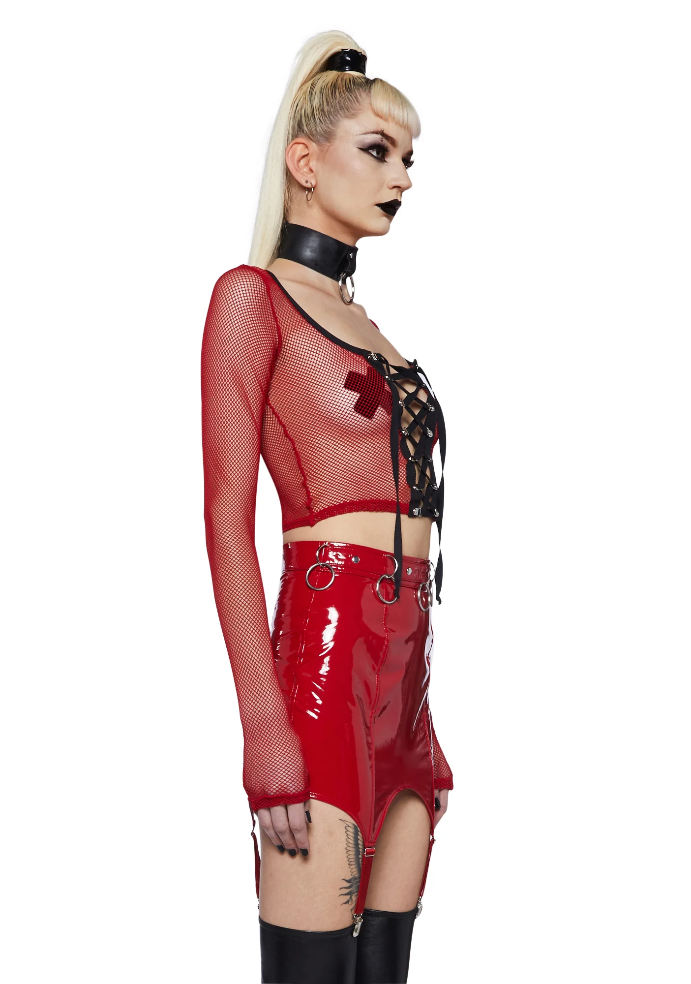 Meet And Greet Fishnet Top- Red - Image 3
