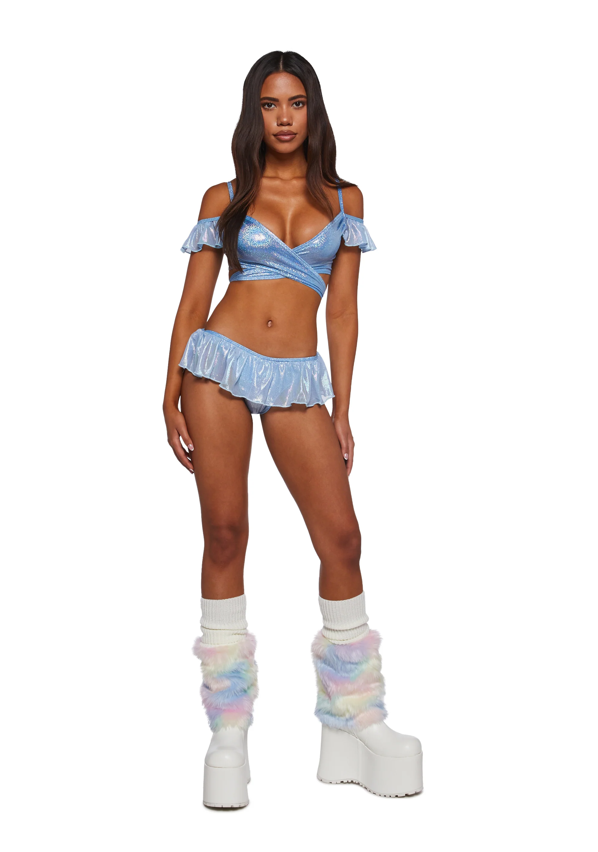 Metallic Coated Fishnet Bikini Set - Blue - Image 2