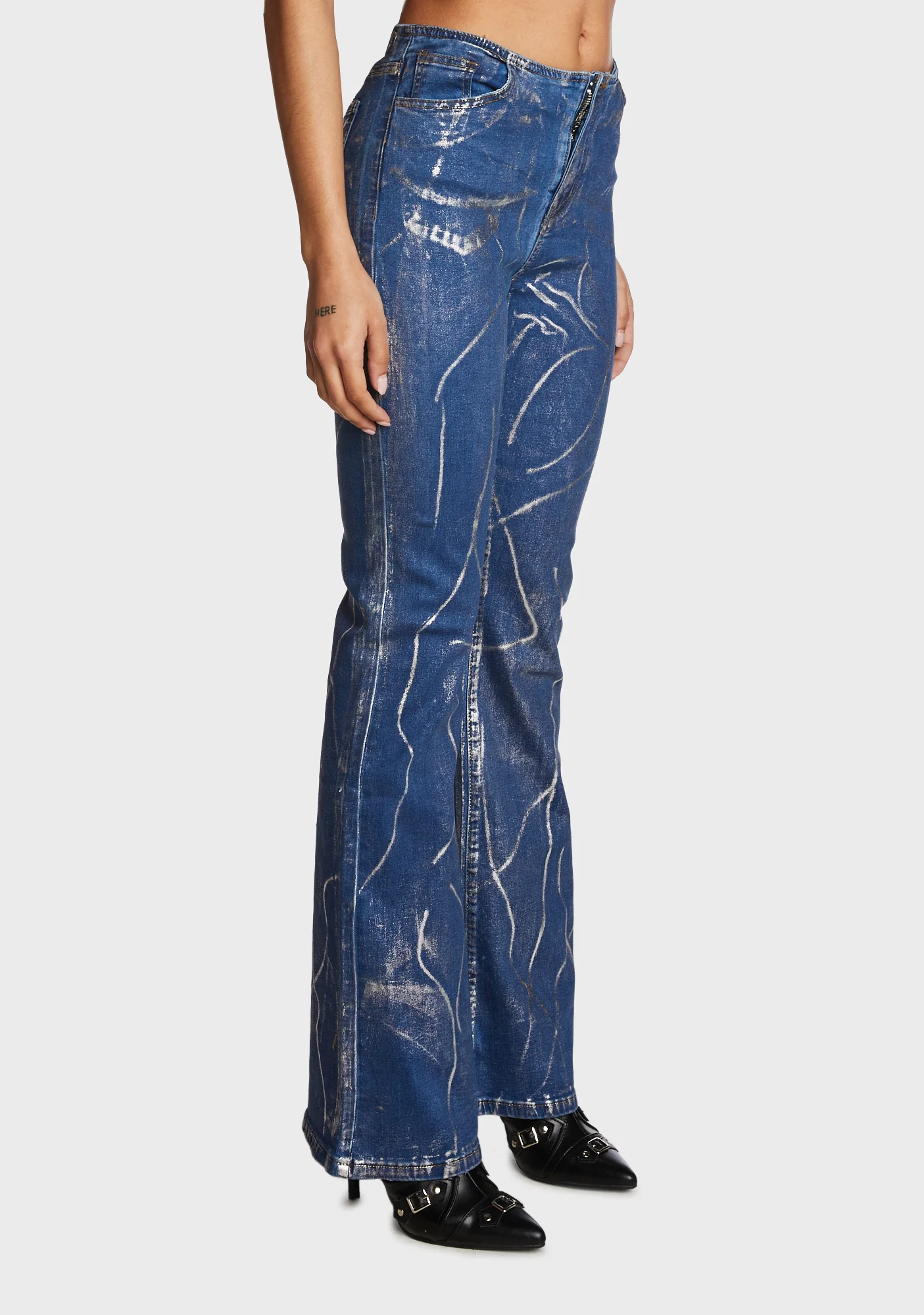 Metallic Coated Low Rise Flared Jeans - Image 3