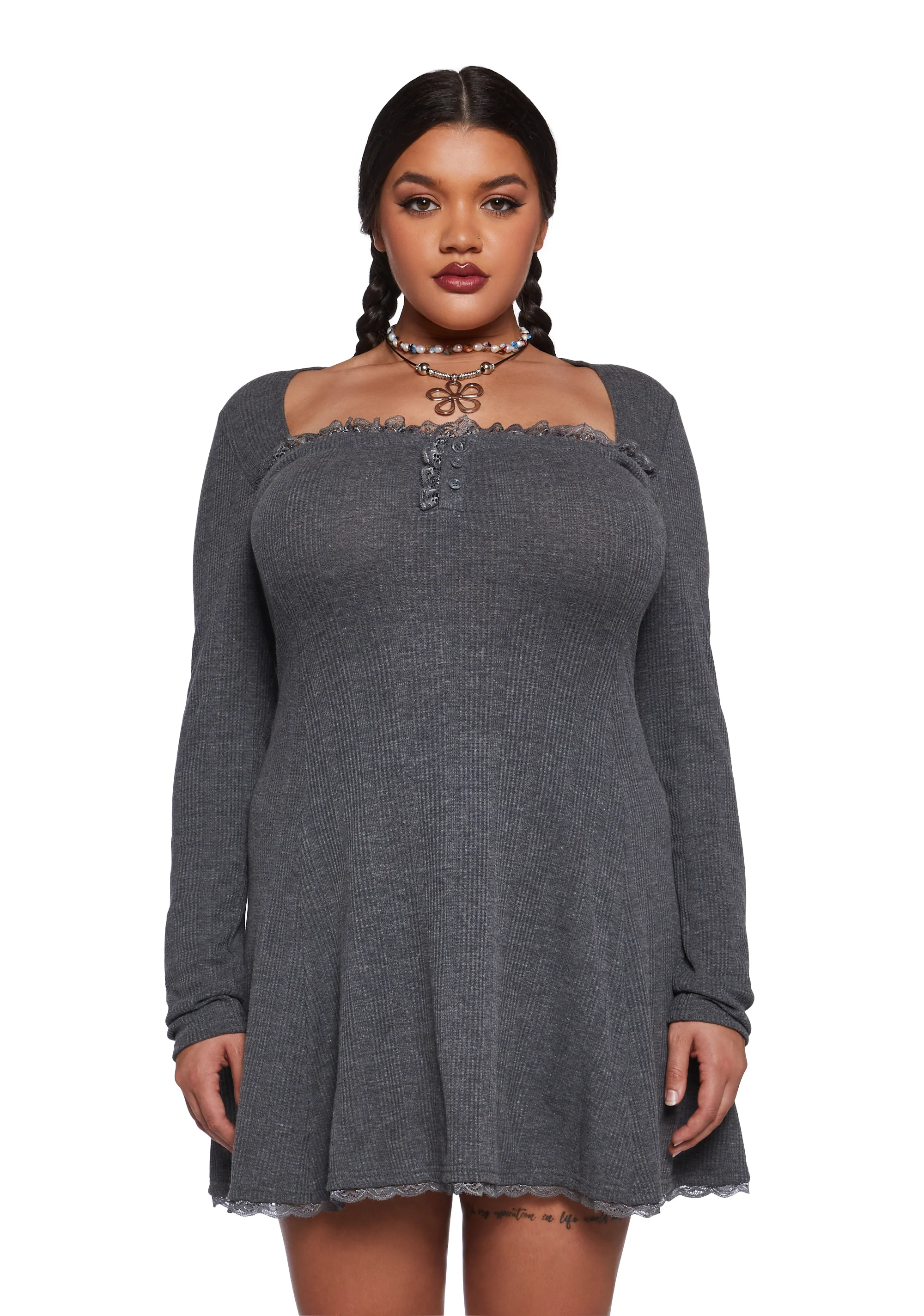 Mid Century Date Thermal Dress  - Gray - Image 2