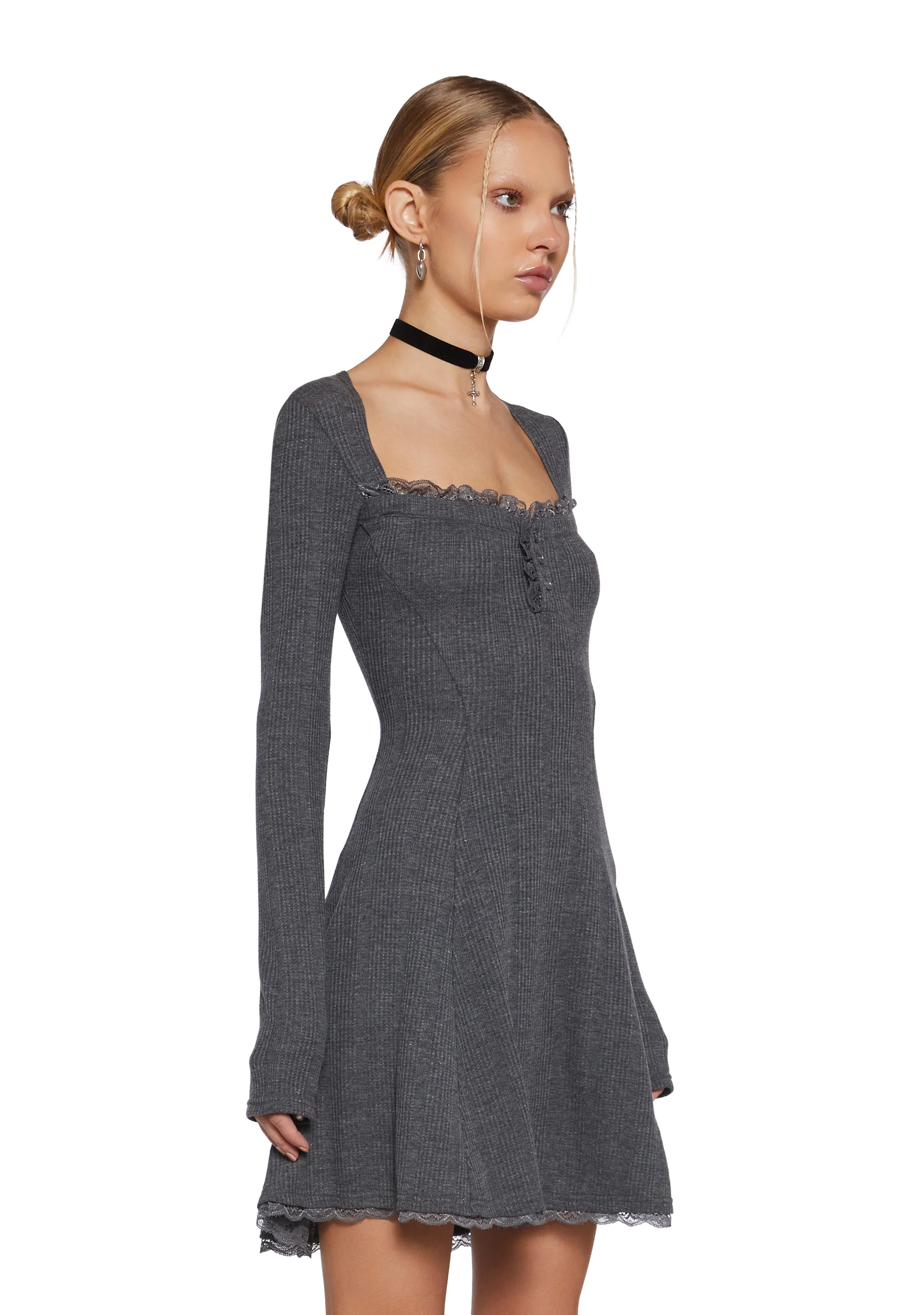 Mid Century Date Thermal Dress  - Gray - Image 3