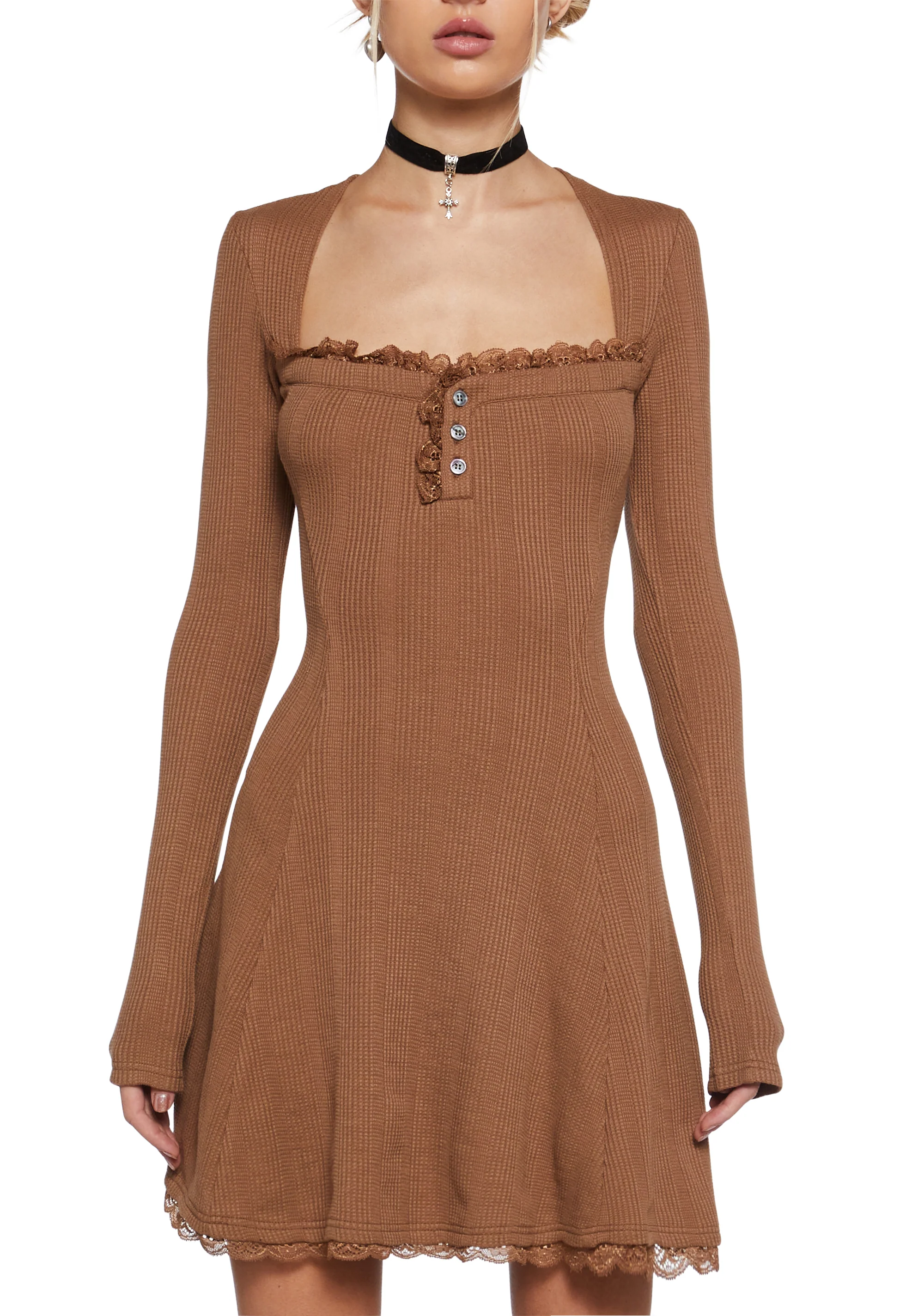 Mid Century Date Thermal Dress  - Brown - Image 5