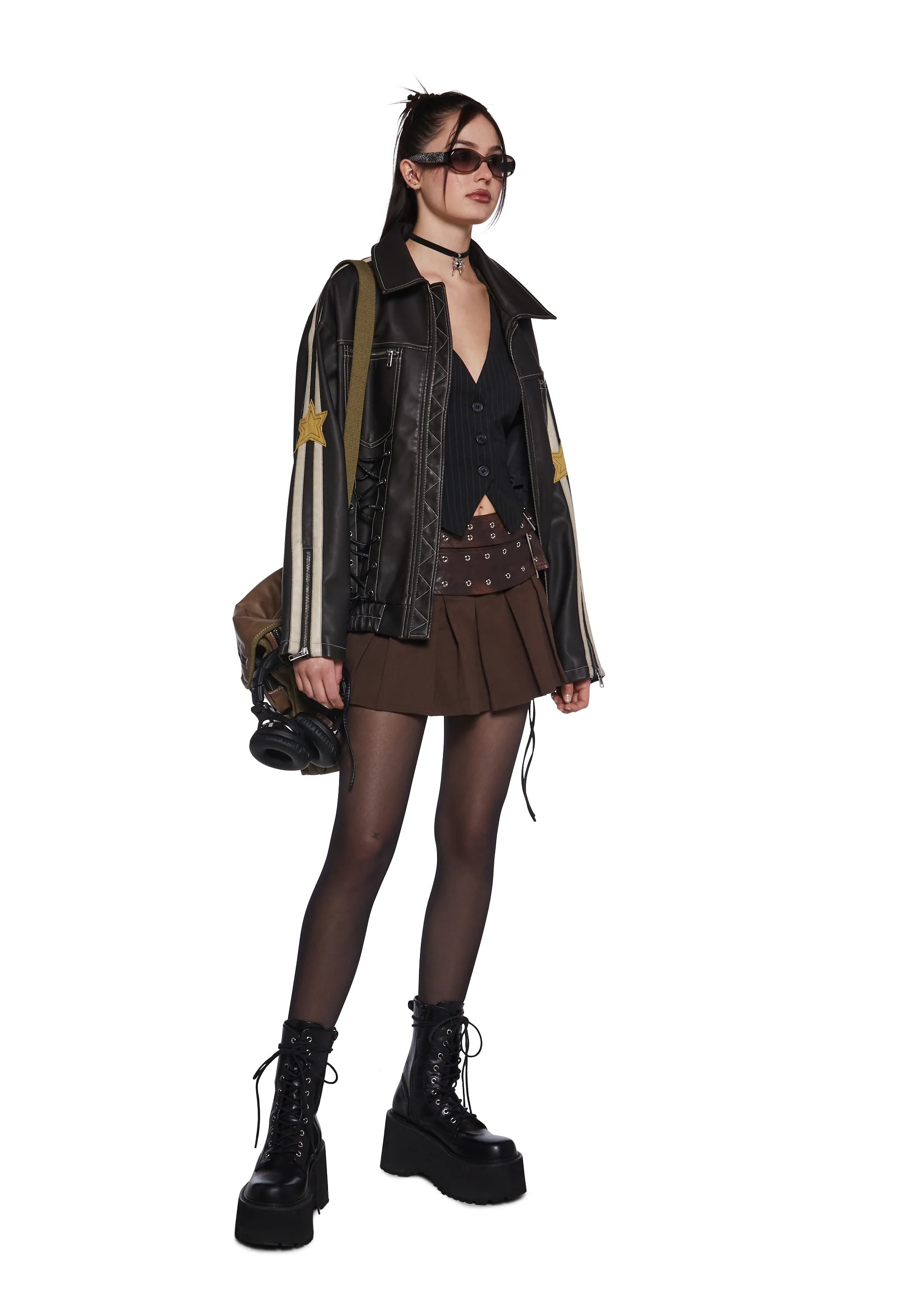 Night Music Double Belted Mini Skirt - Brown - Image 2