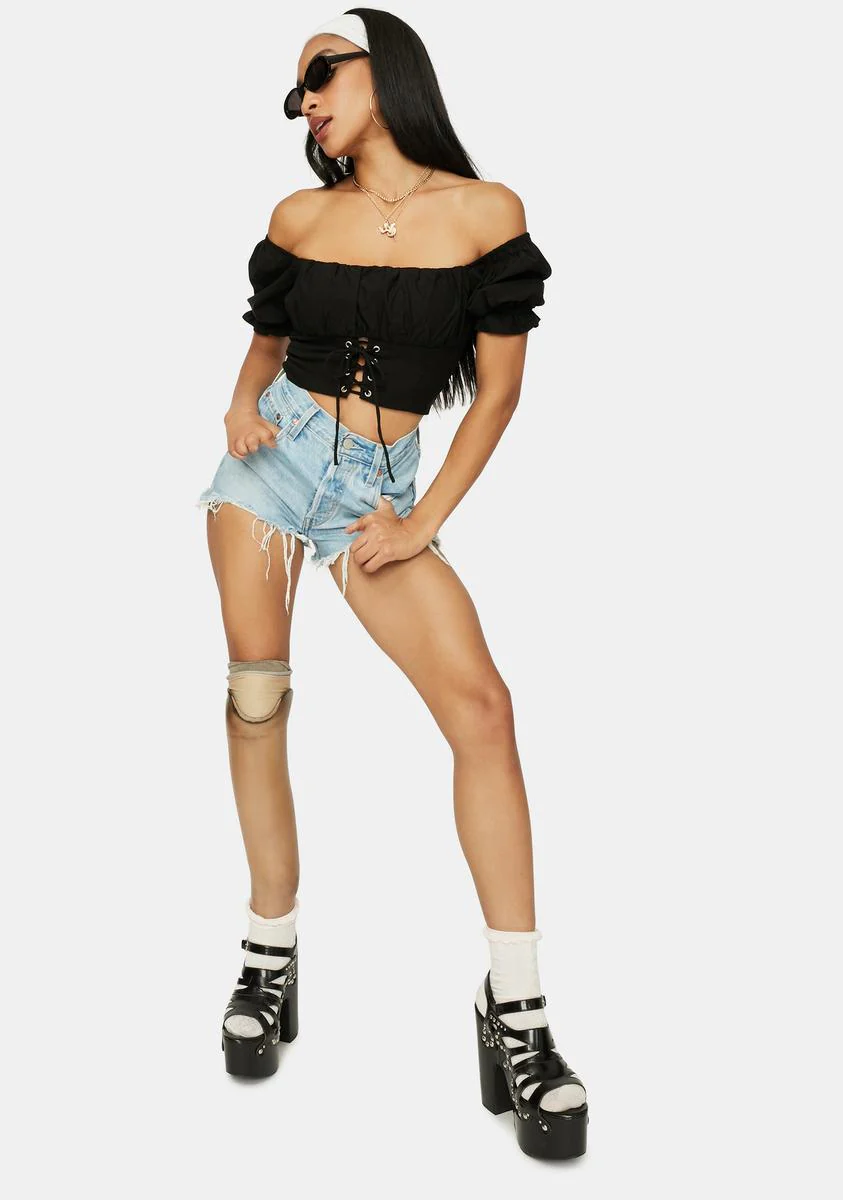 Night No Spoilers Off Shoulder Lace Up Crop Top - Image 3