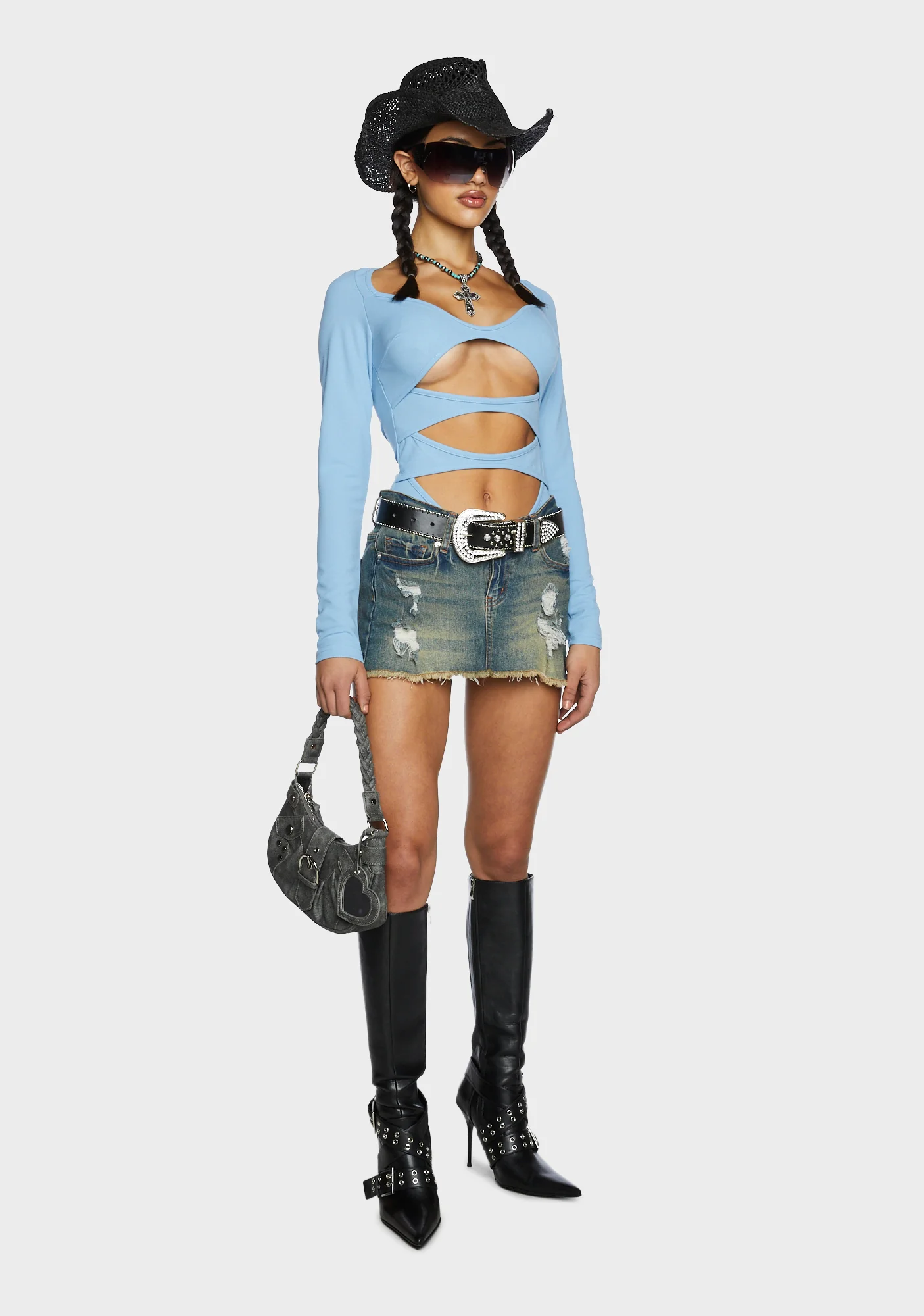 No Imitation Cutout Bodysuit - Blue - Image 2