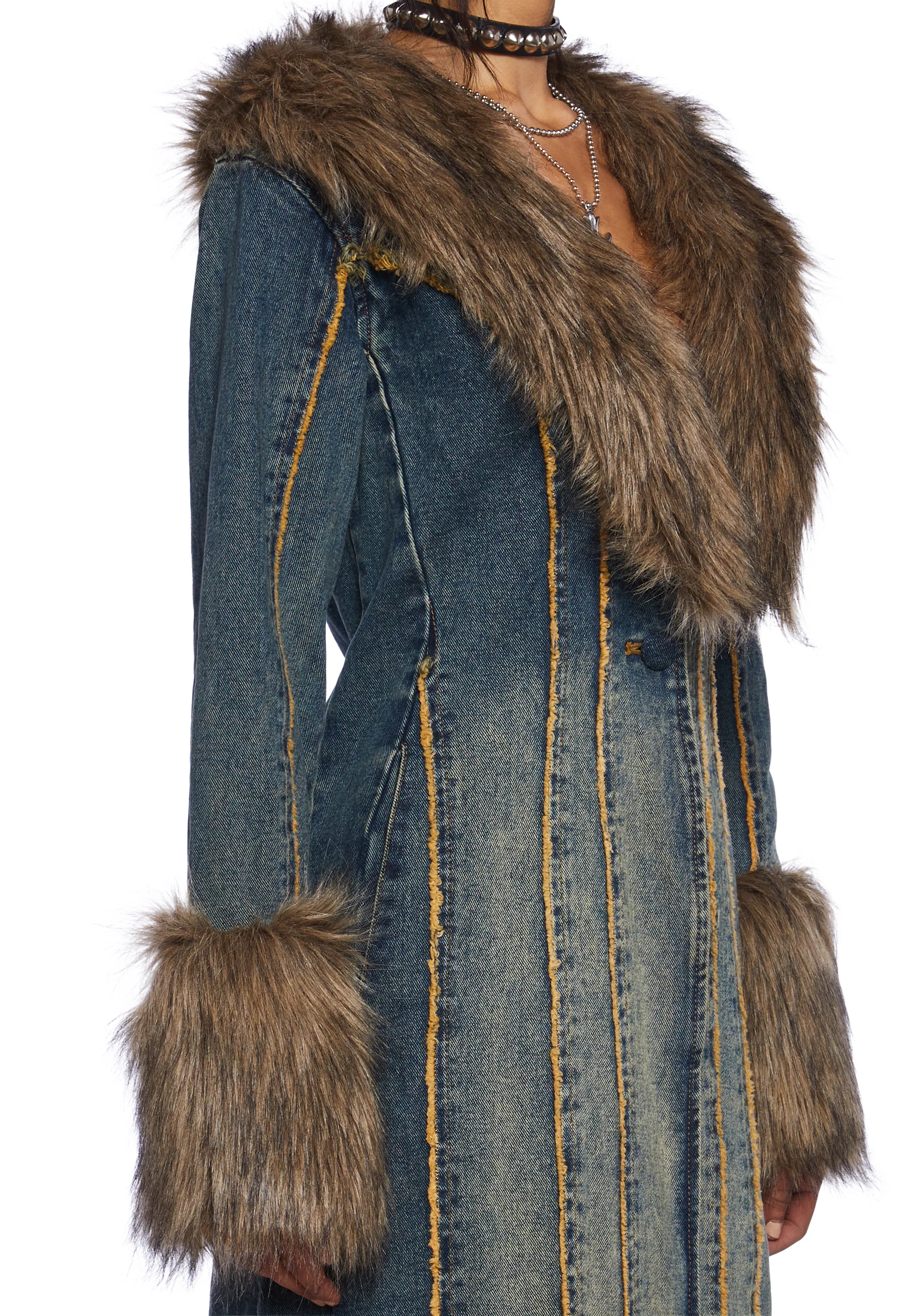 Off Beat Charm Denim Maxi Coat - Dark Blue - Image 2