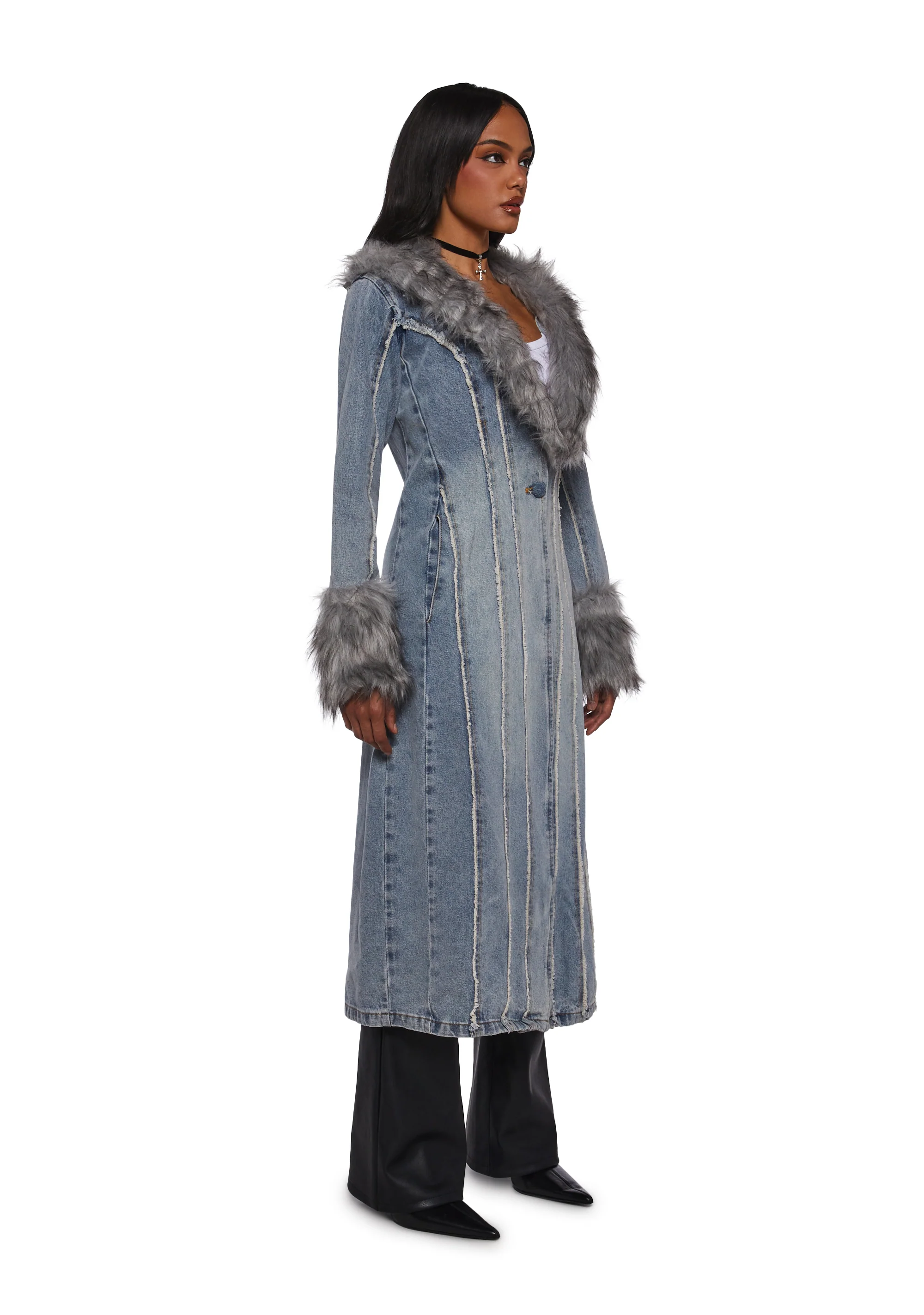 Off Beat Charm Denim Maxi Coat - Light Blue - Image 3