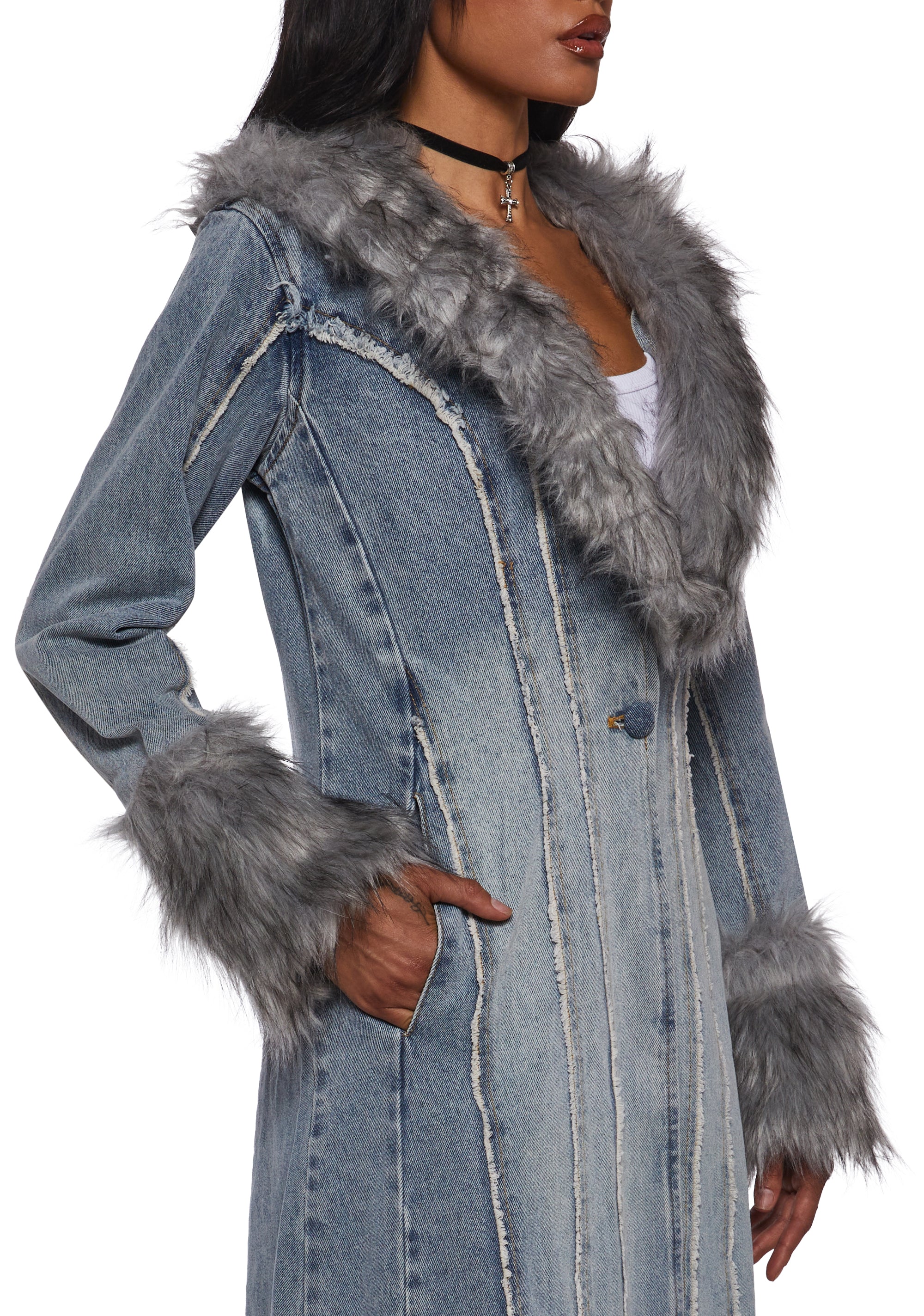 Off Beat Charm Denim Maxi Coat - Light Blue - Image 5