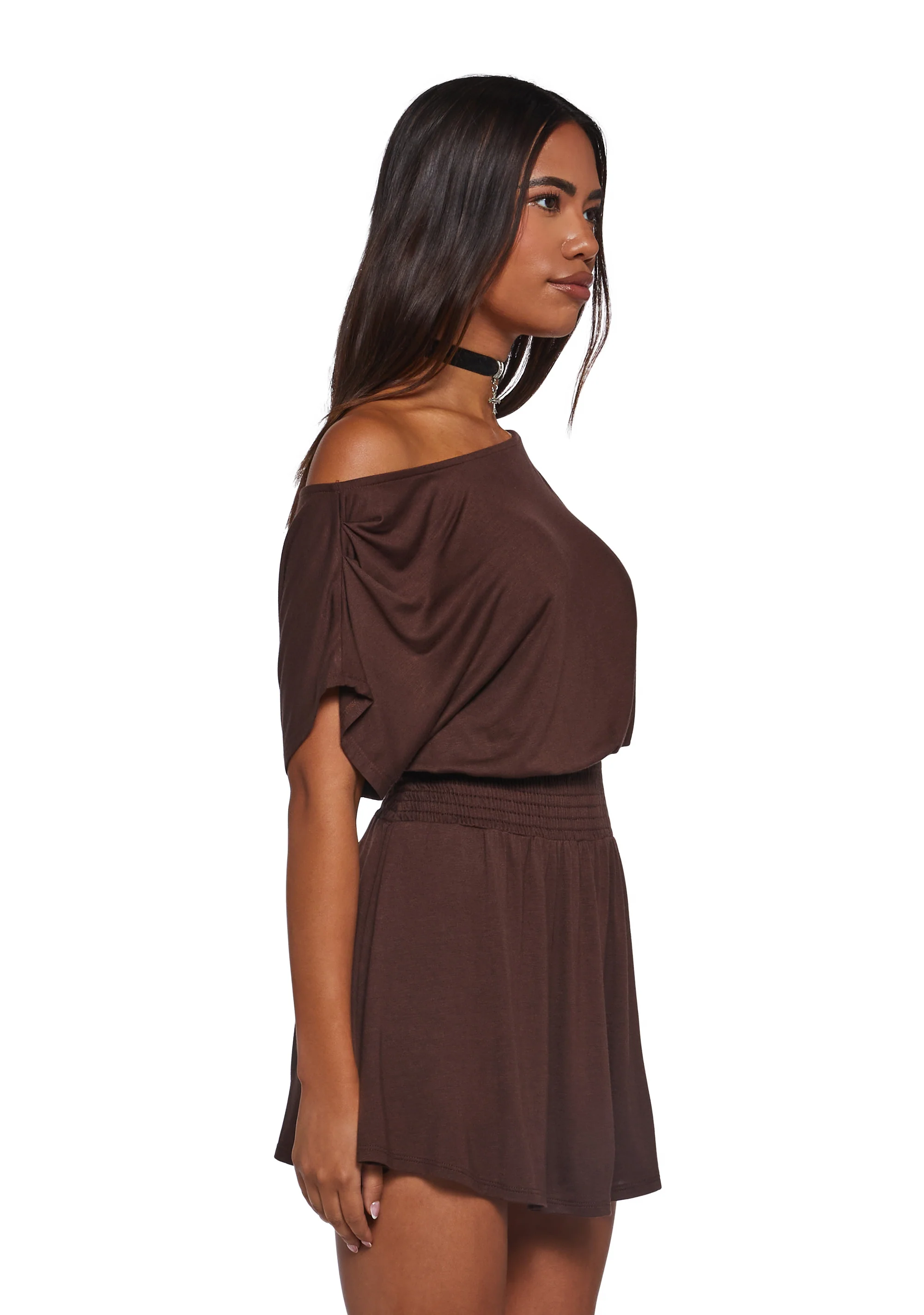Crush Damage Off The Shoulder Dress - Brown - Image 3