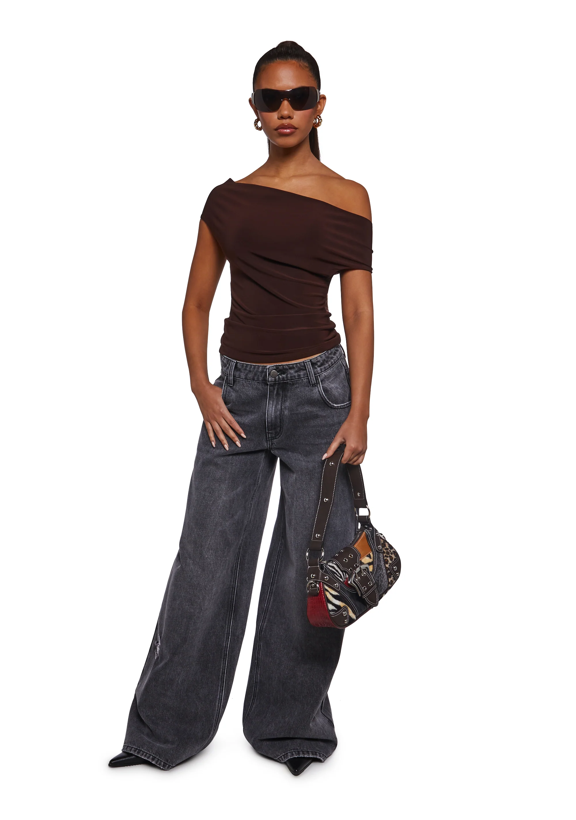 Mega Star Off The Shoulder Top - Brown - Image 2