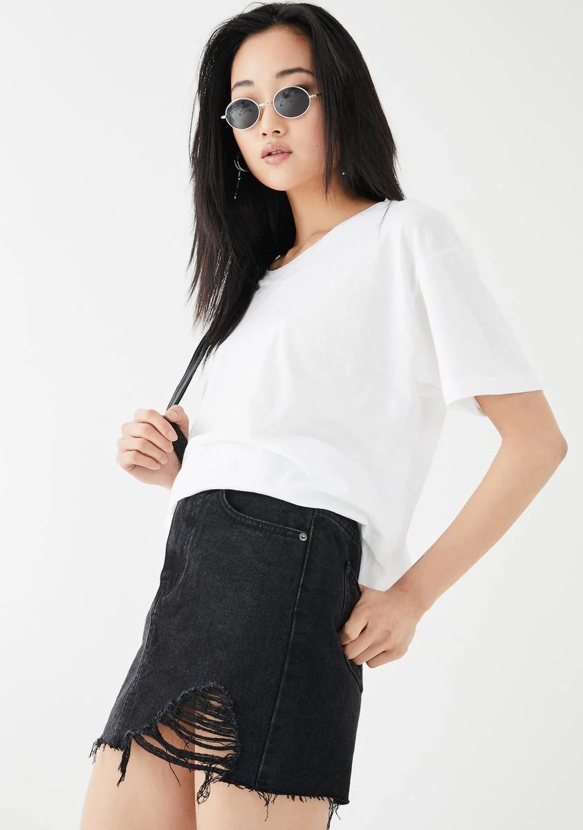 One Sided Distressed Hem Denim Skirt - Image 2