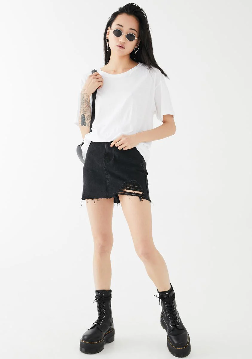 One Sided Distressed Hem Denim Skirt - Image 3