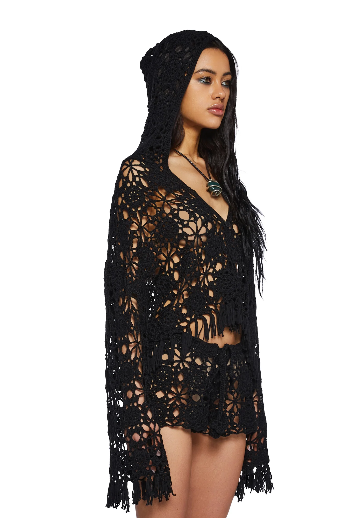 Palms Retreat Cropped Crochet Cardigan-Black - Image 3