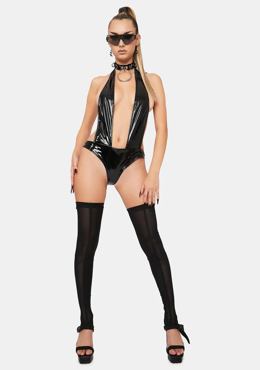 Patent Faux Leather Halterneck Thong Teddy - Image 3
