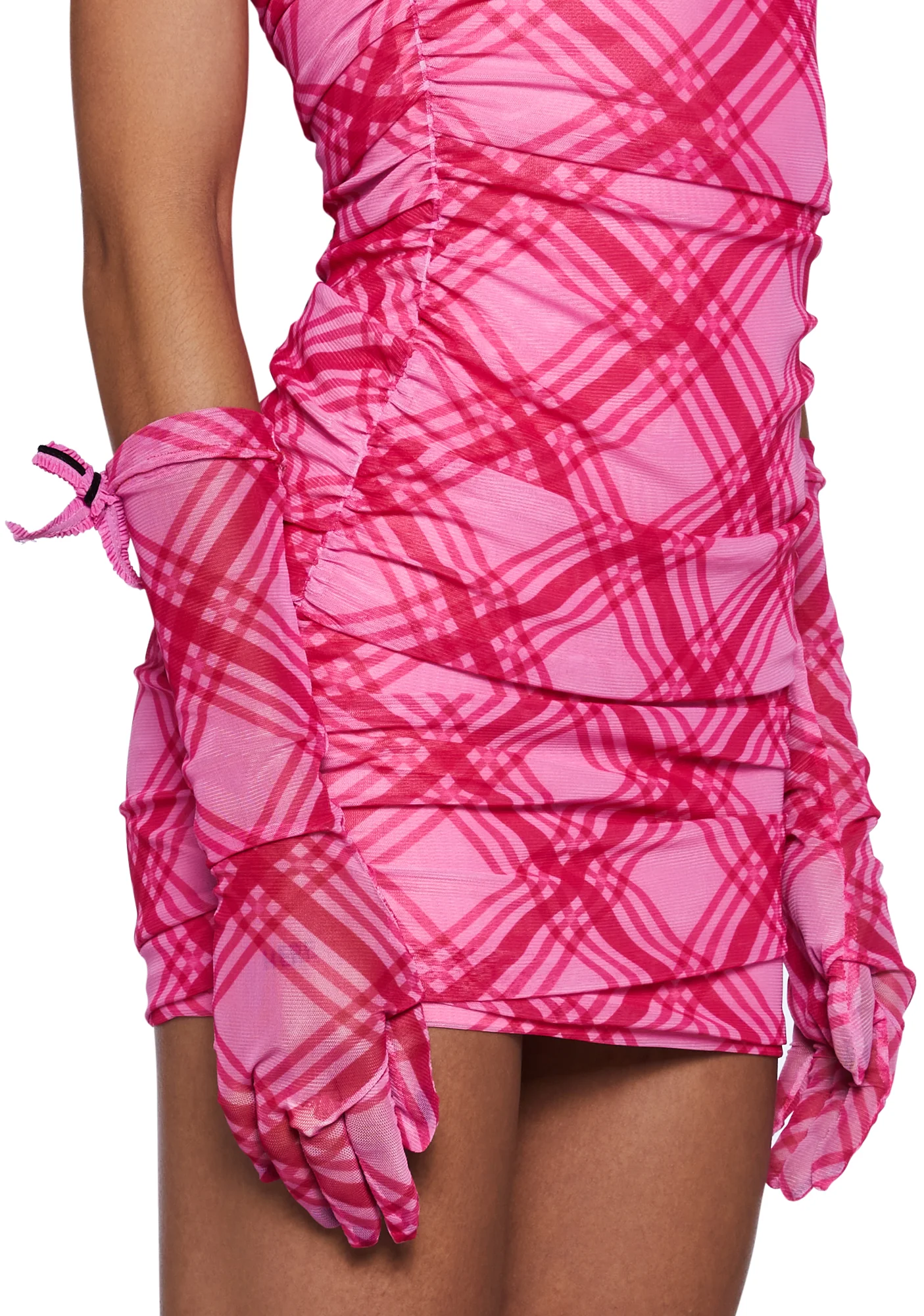 Pink Plaid Dress And Gloves Set - Image 5