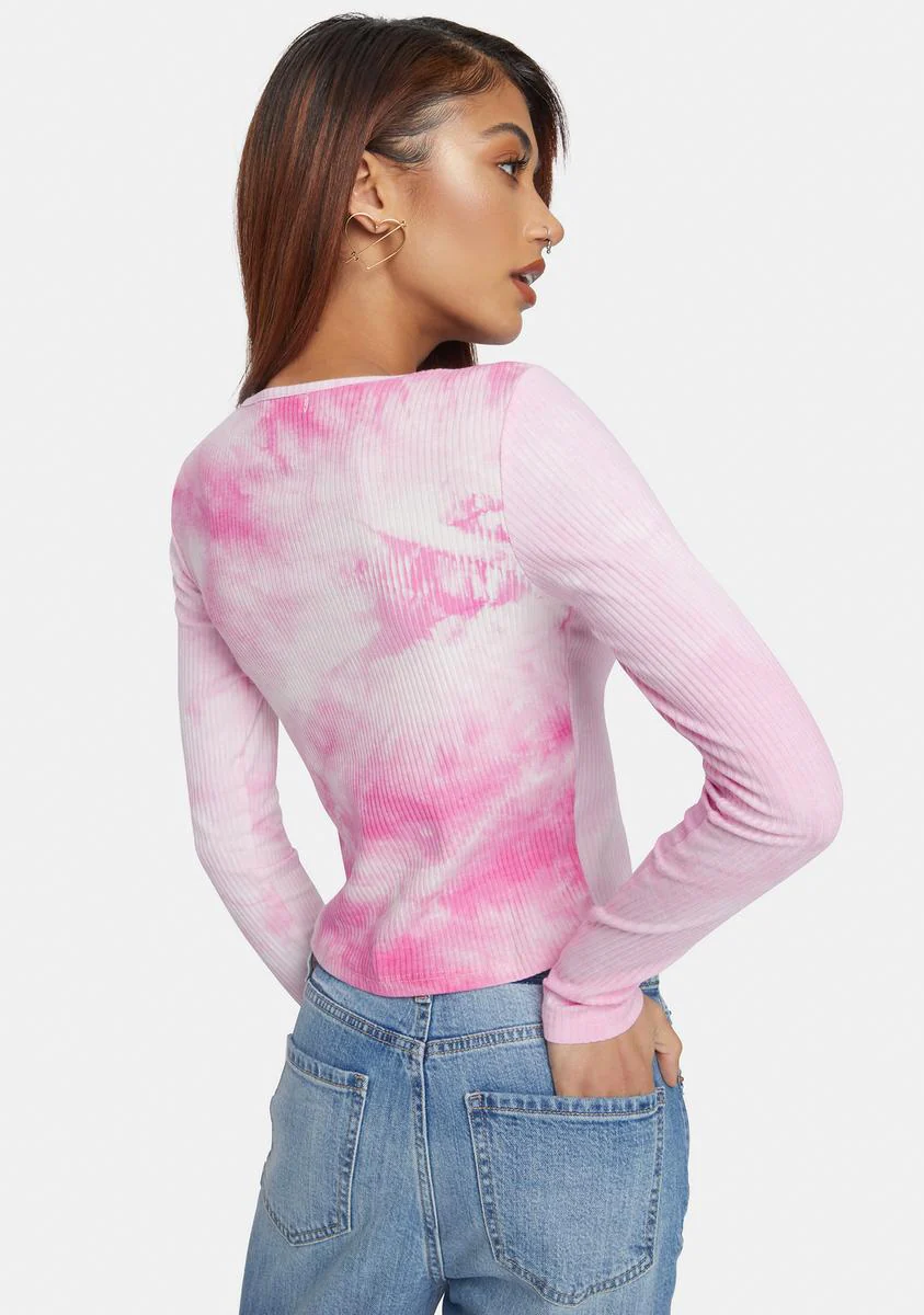 Pink Tie Dye Ribbed Long Sleeve Tee - Image 4