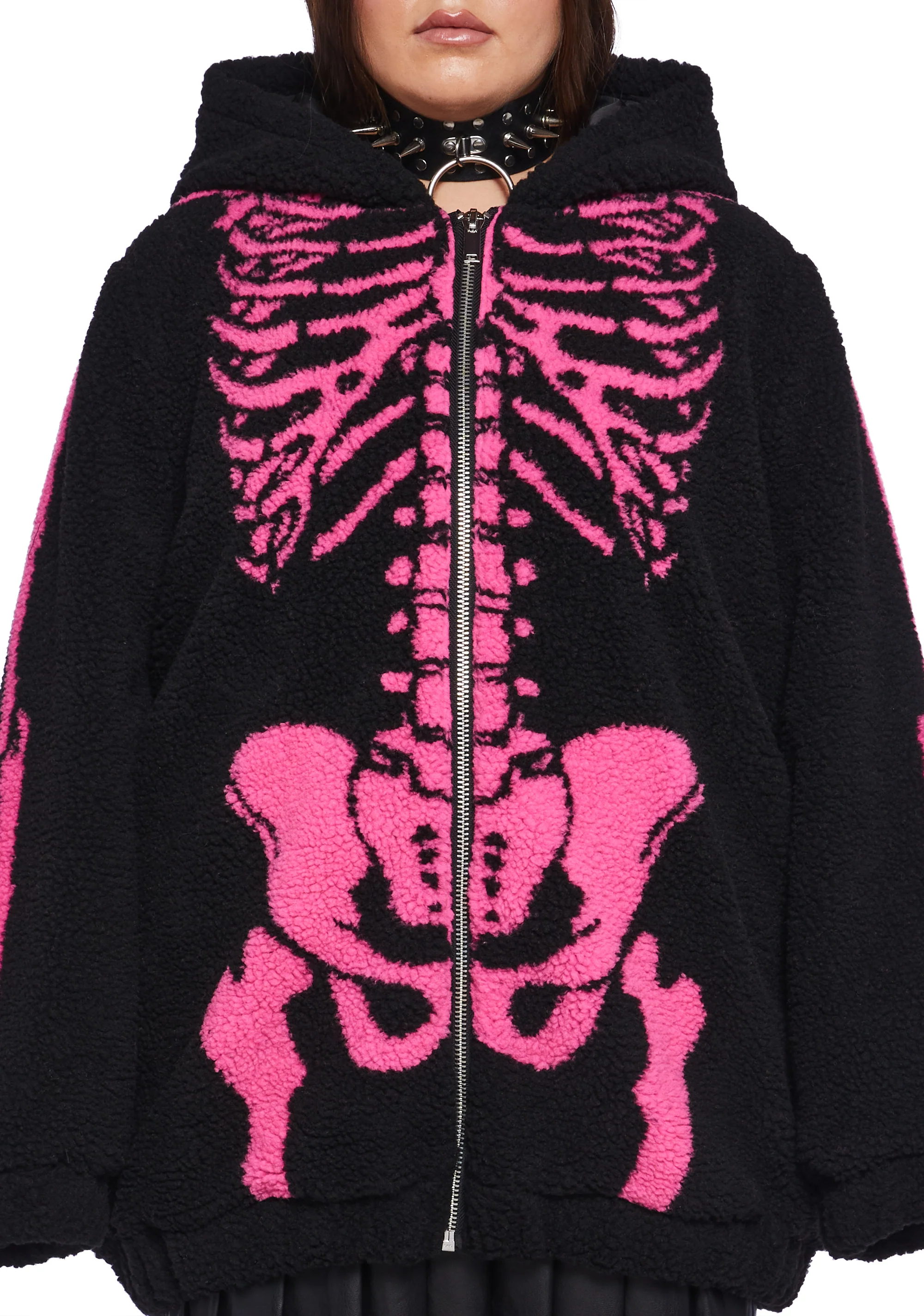 Plus Baring It All Skeleton Hooded Sherpa Jacket - Pink - Image 5