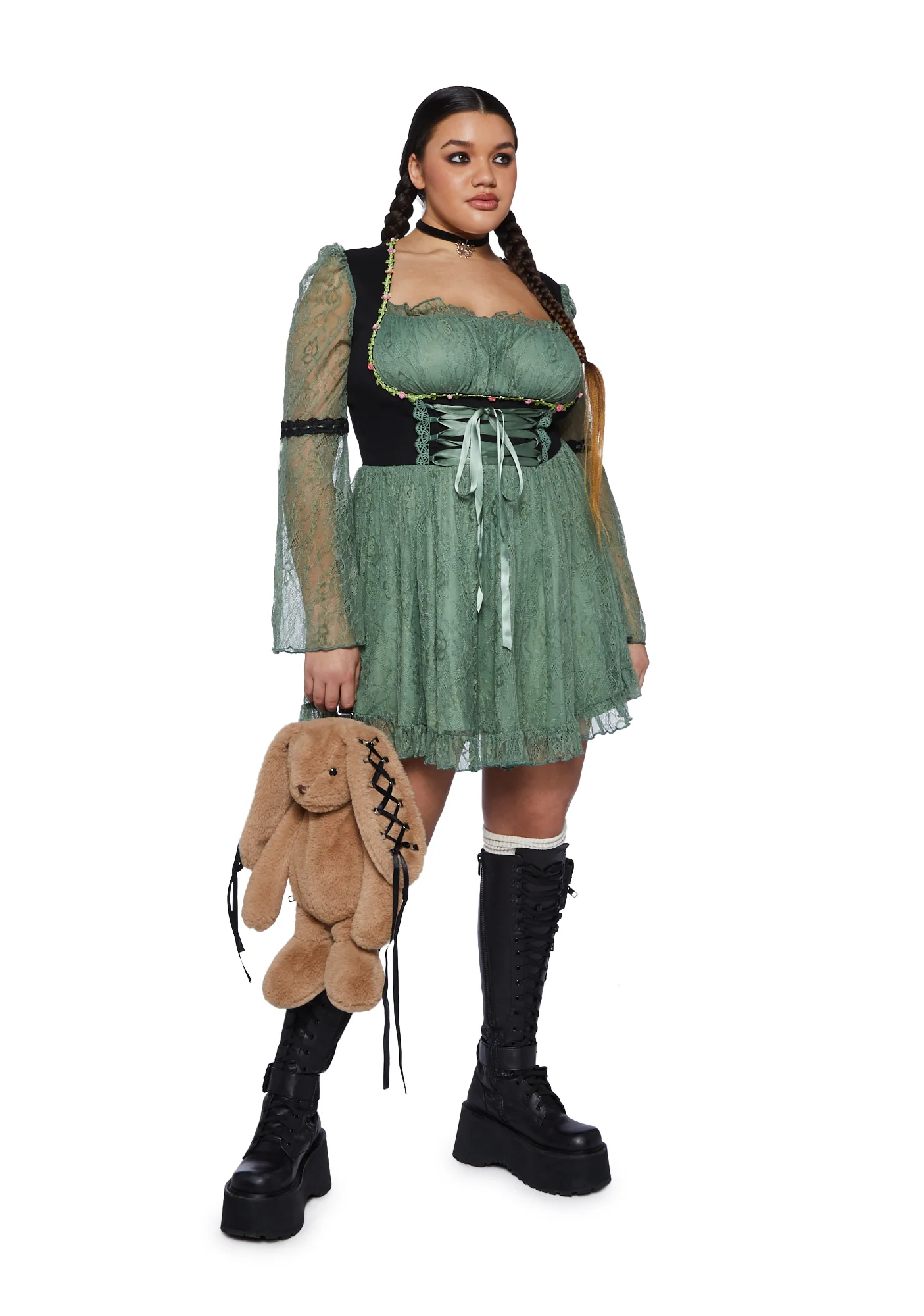 Plus Myths N' Legends Mini Dress - Green Lace - Image 2