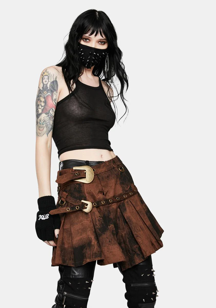 Punk Asymmetric Pleated Brown Wash Skirt - Image 2