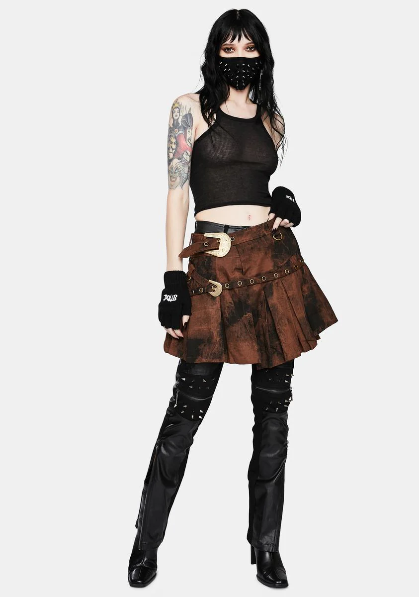 Punk Asymmetric Pleated Brown Wash Skirt - Image 3
