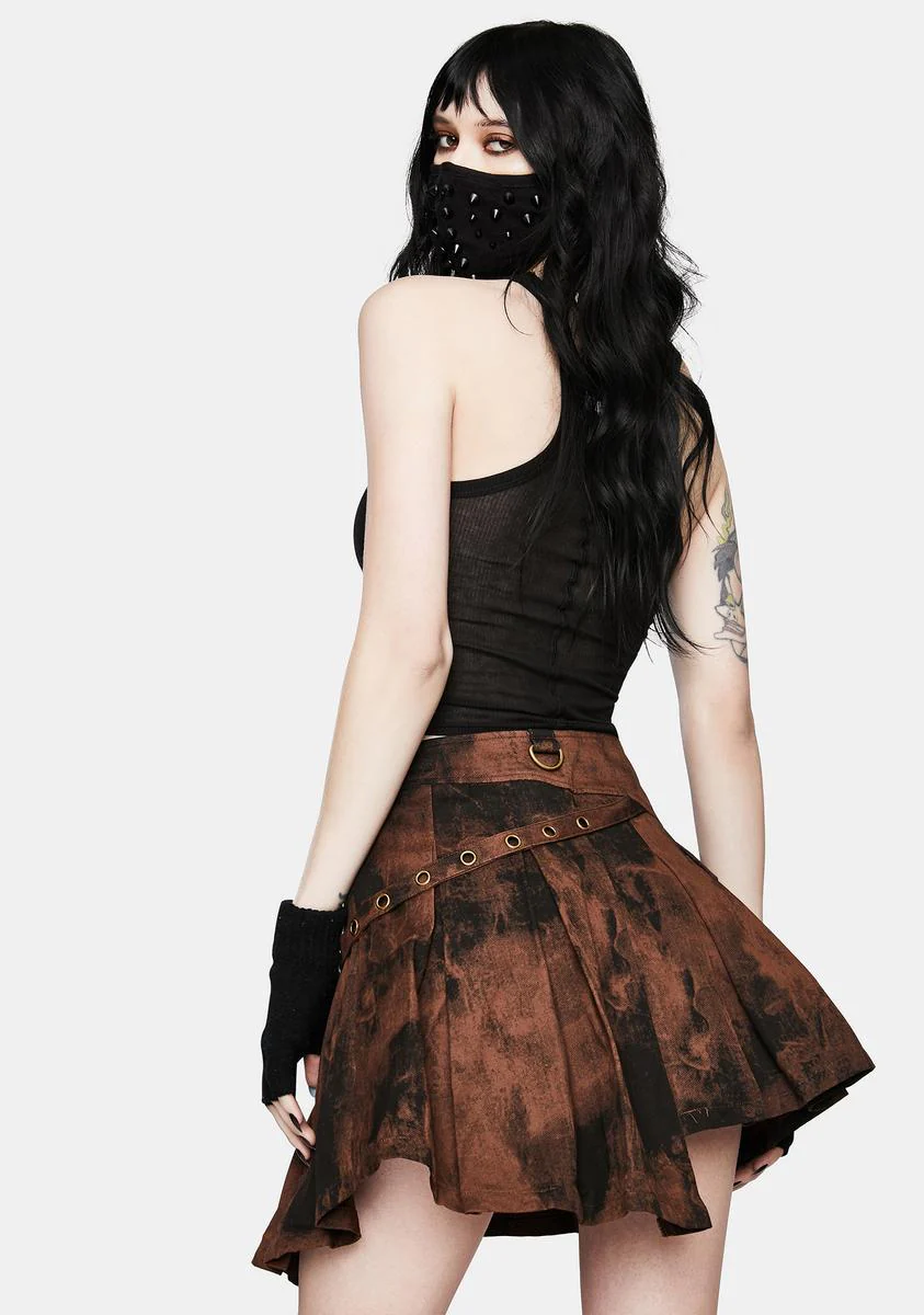Punk Asymmetric Pleated Brown Wash Skirt - Image 4