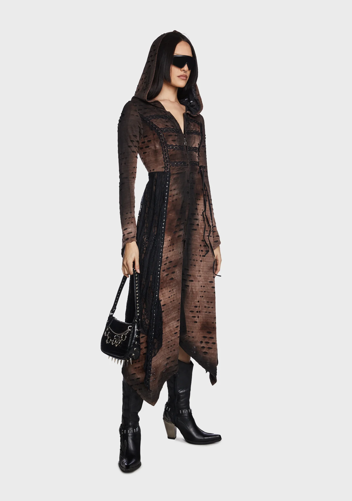 Punk Irregular Ripped Long Coat With Hood - Image 3