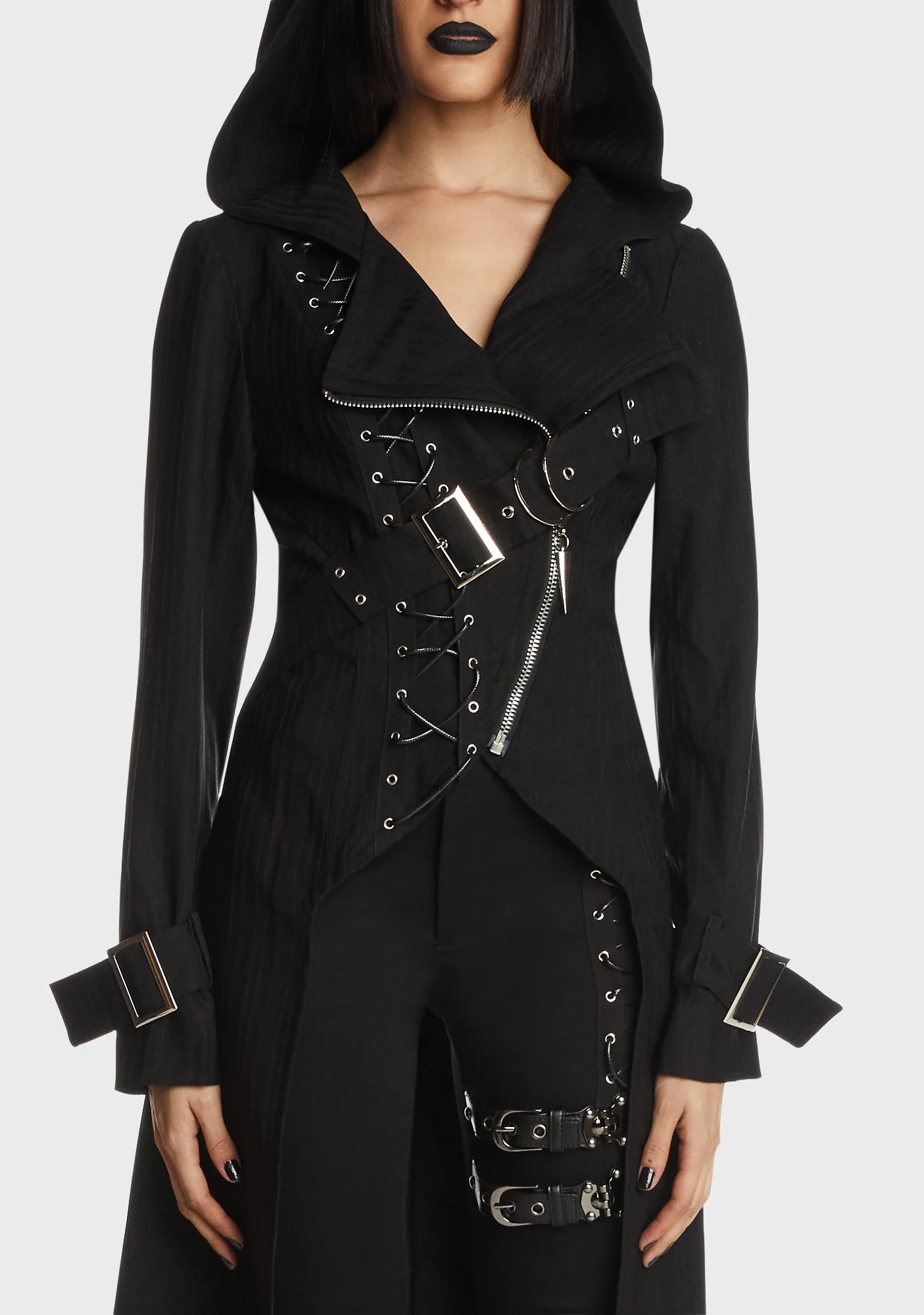 Punk Rebel Asymmetrical Hooded Long Coat - Image 2