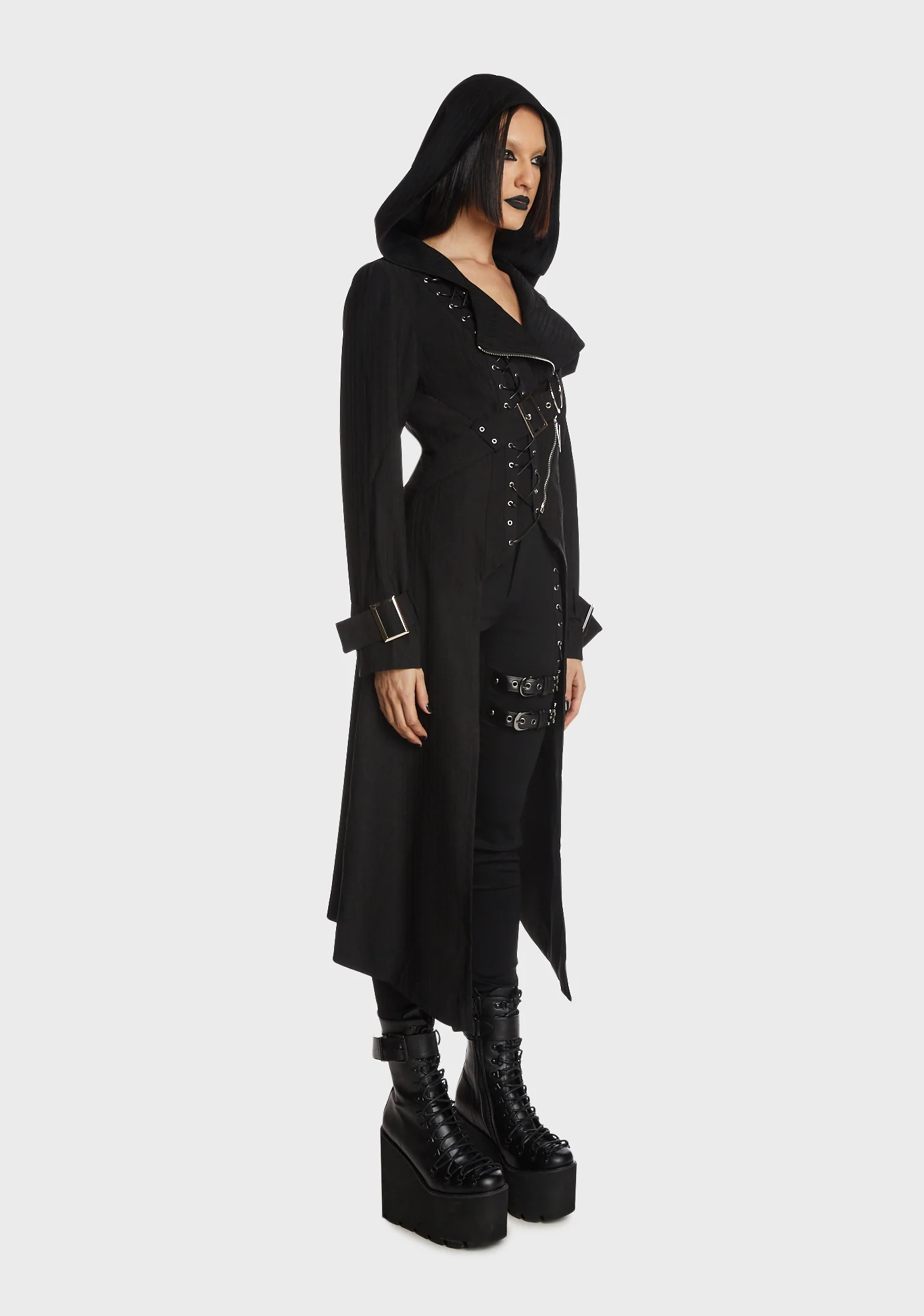 Punk Rebel Asymmetrical Hooded Long Coat - Image 5