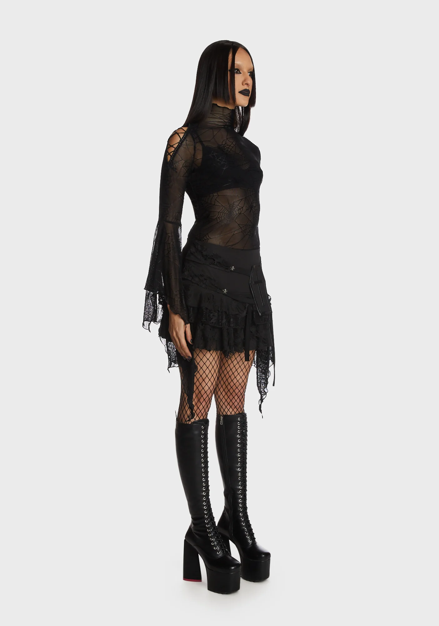 Punk Spider Mesh Exaggerated Sleeves Top - Image 4