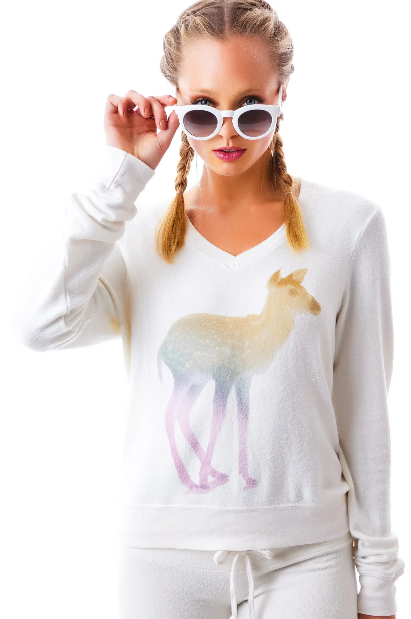 Rainbow Fawn Vintage Varsity Baggy Beach V Neck - White - Image 5