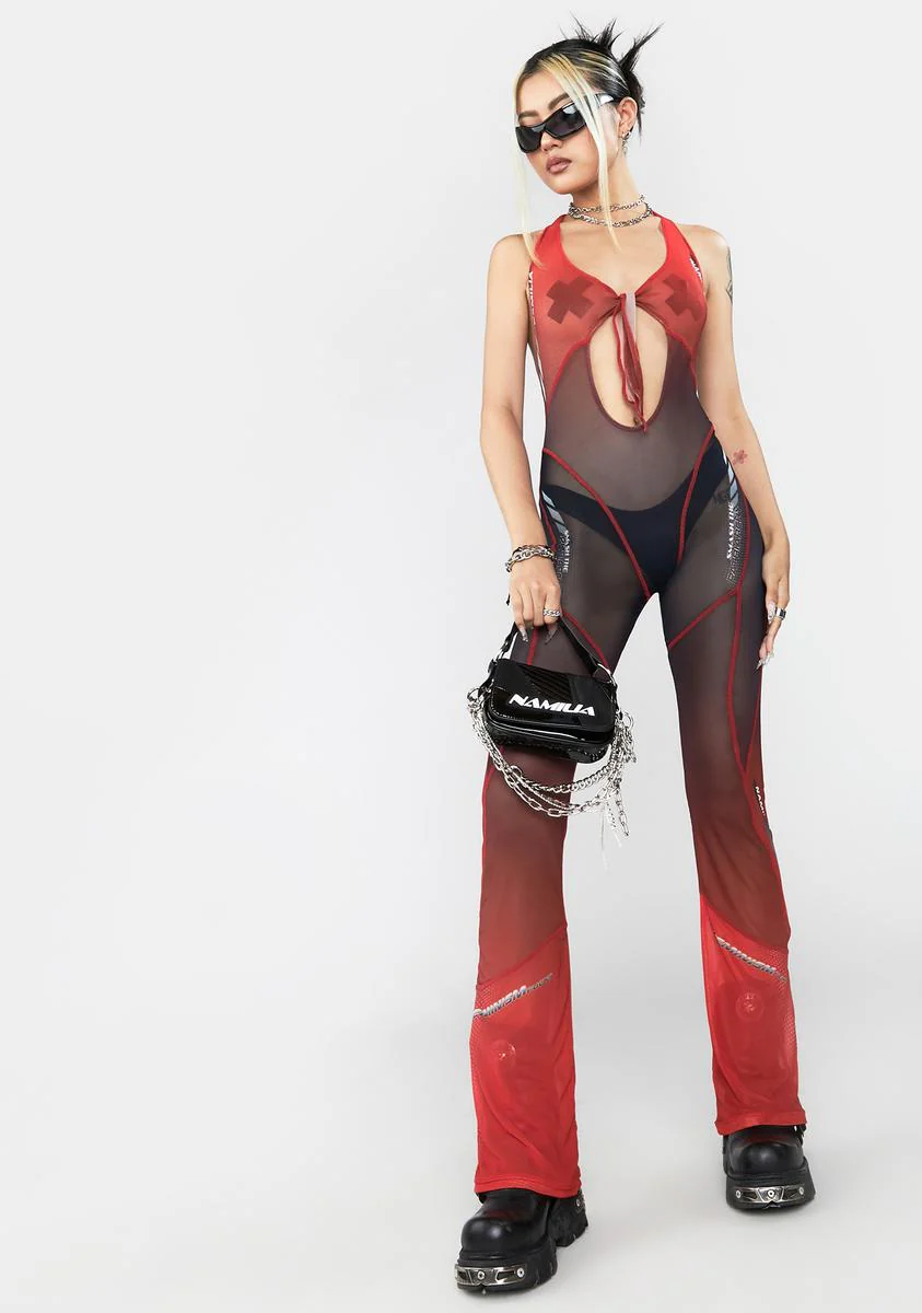 Red Mesh Tie Knot Speed Racer Jumpsuit - Image 3