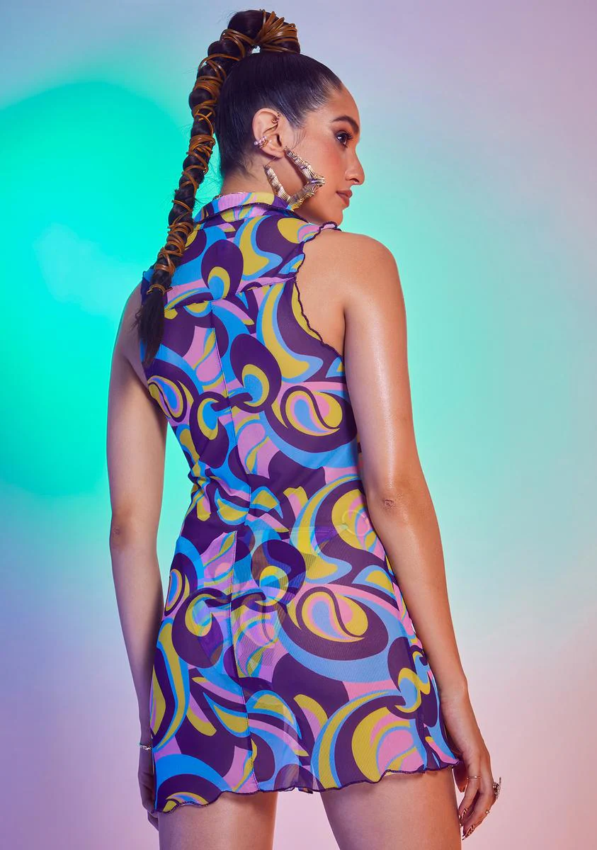 Retro Floral Print Mesh Shirt Dress - Image 4