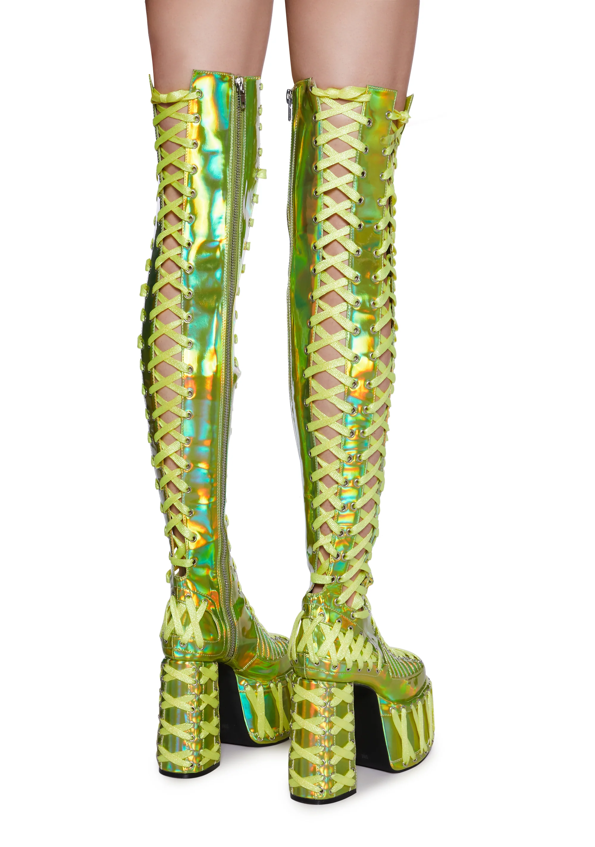 Rude Awakening Thigh High Boots -  Green Holographic - Image 4