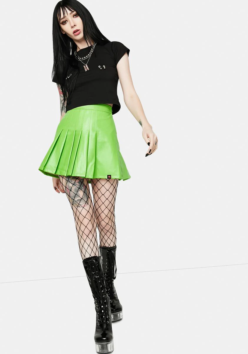 School Neon Green Vegan Leather Pleated Skirt - Image 3