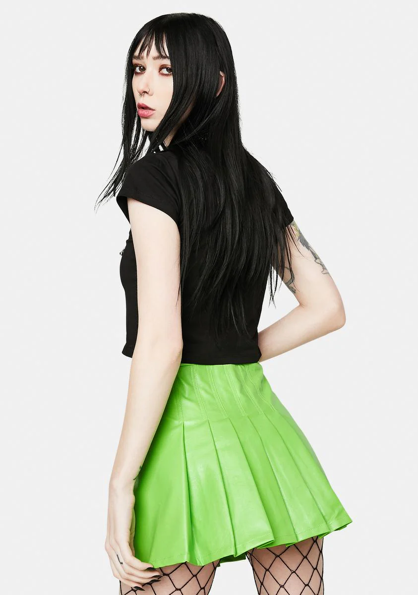 School Neon Green Vegan Leather Pleated Skirt - Image 4