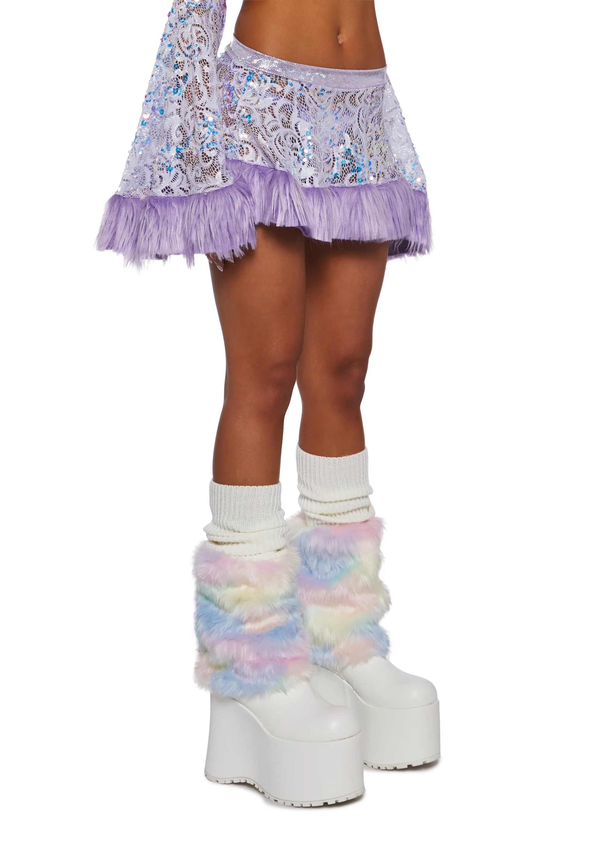 Sequin Faux Fur Trimmed Skirt - Lavender - Image 3