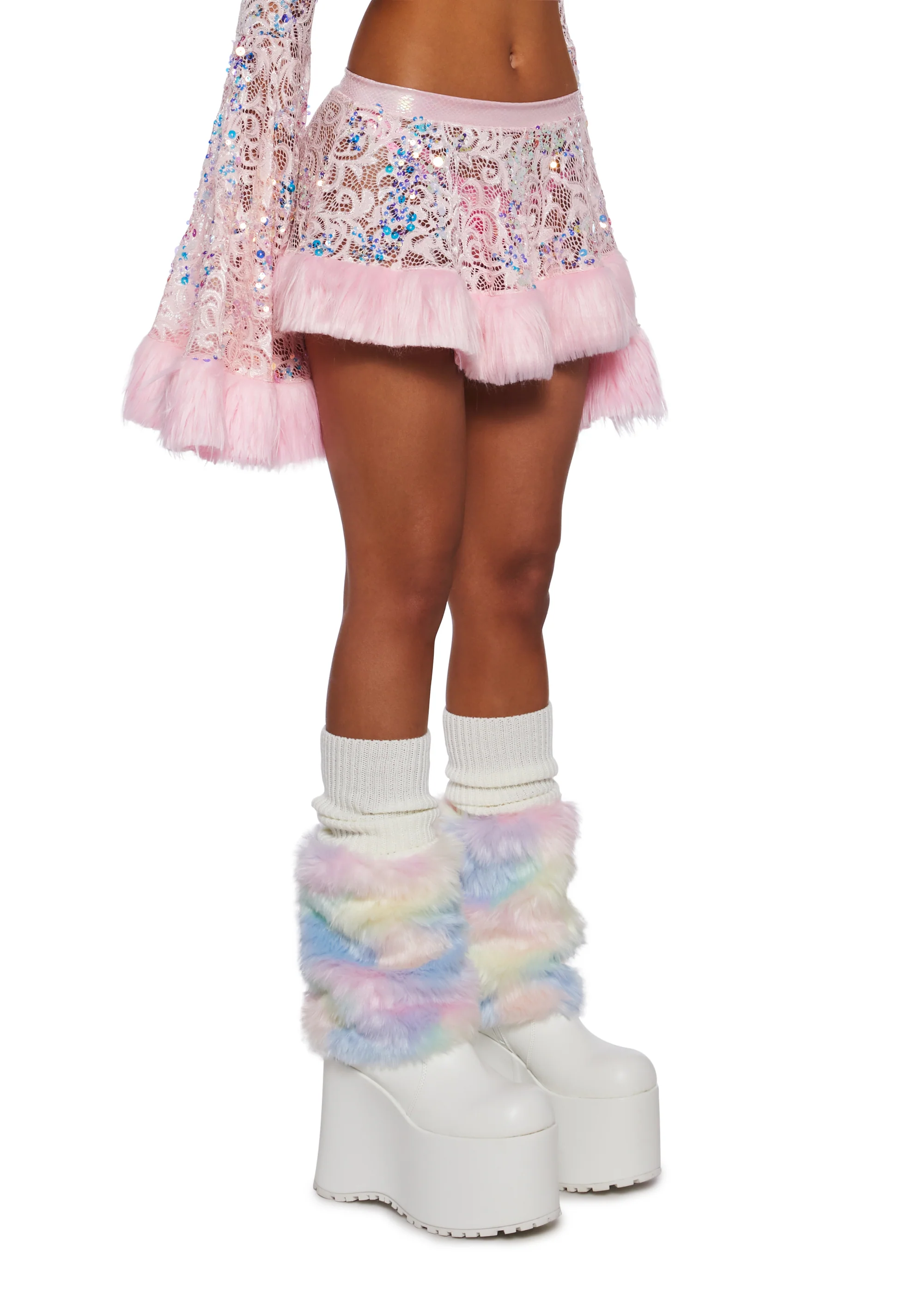 Sequin Faux Fur Trimmed Skirt - Pink - Image 3