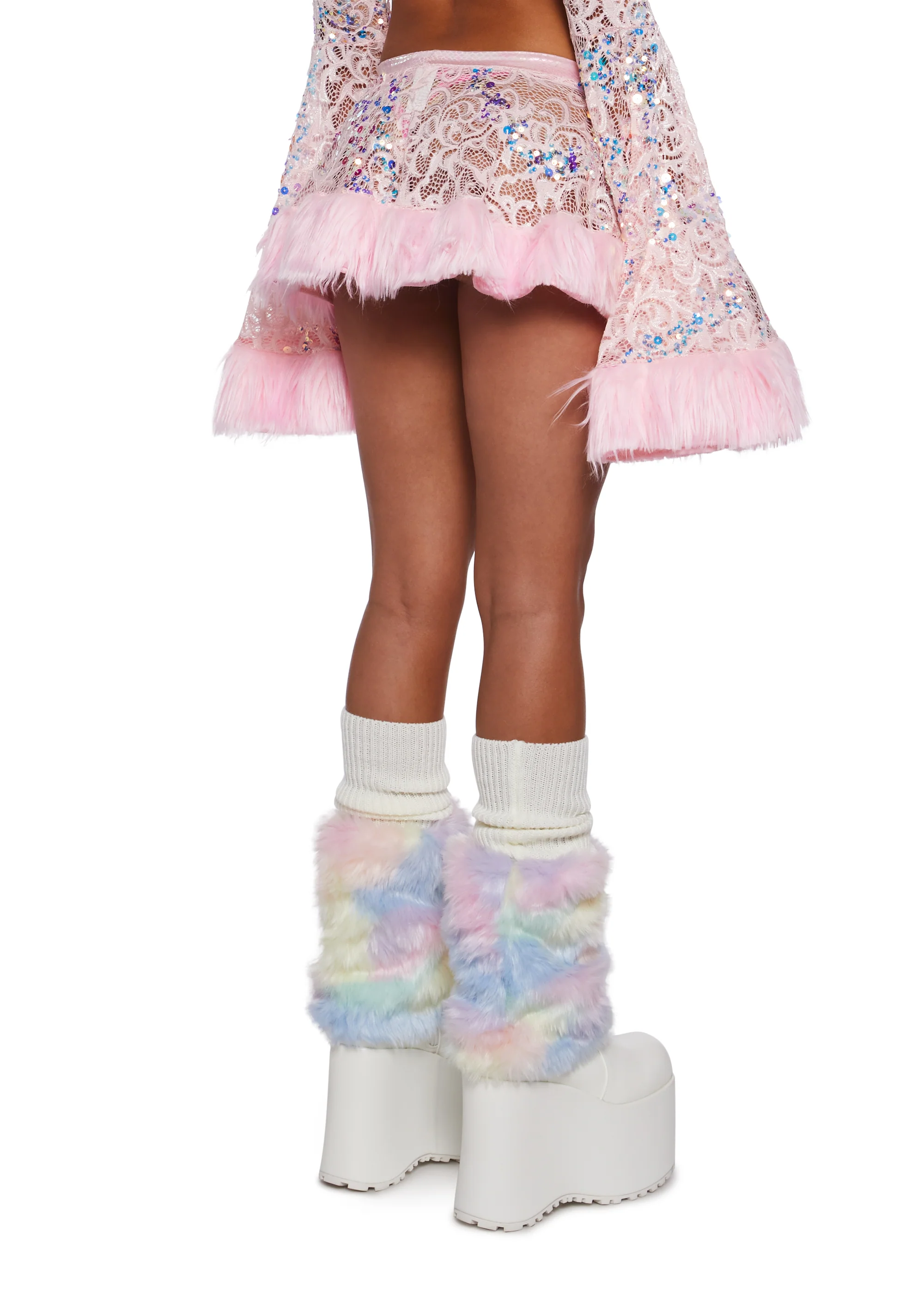 Sequin Faux Fur Trimmed Skirt - Pink - Image 4