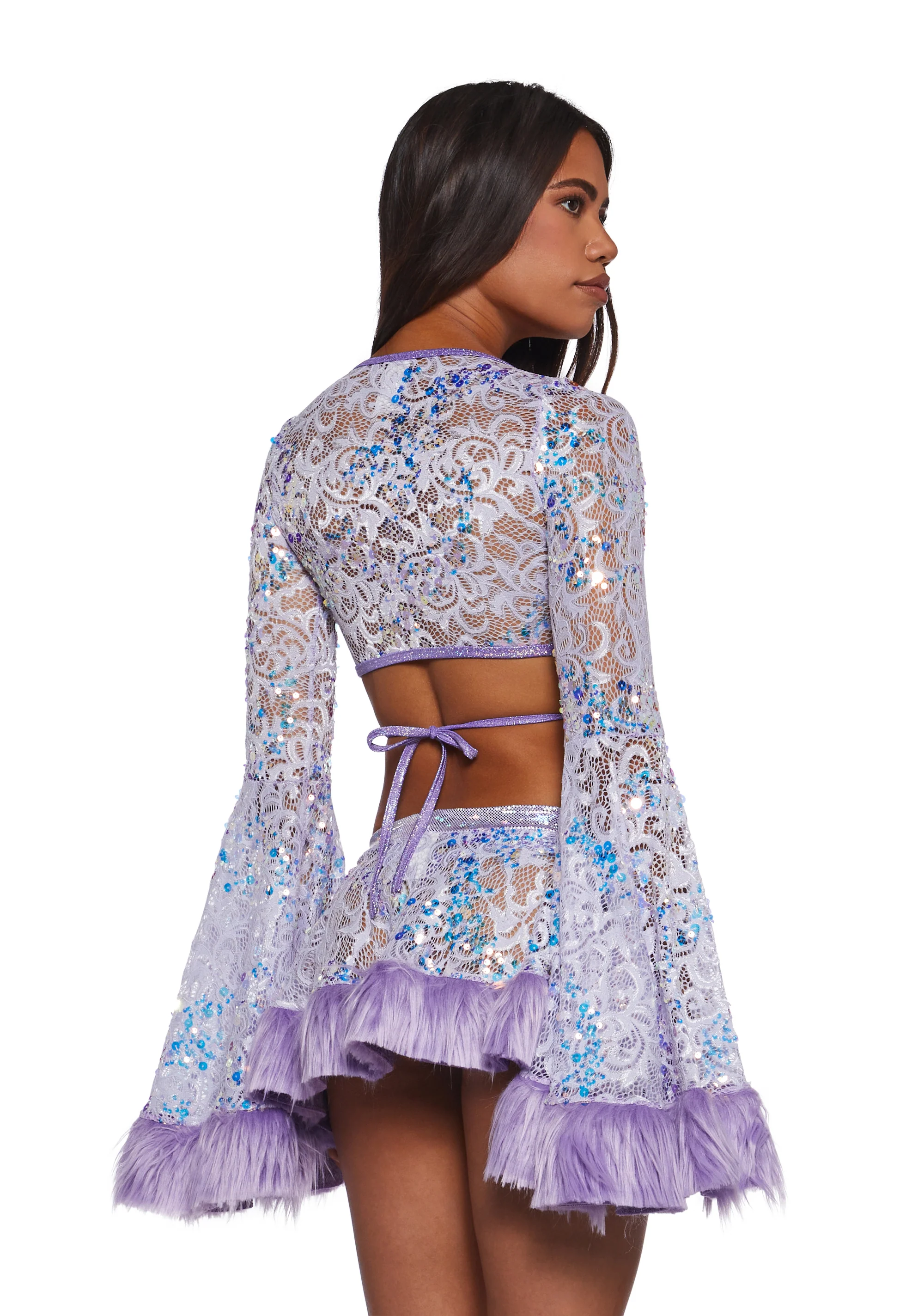 Sequin Faux Fur Trimmed Wrap Top - Lavender - Image 4