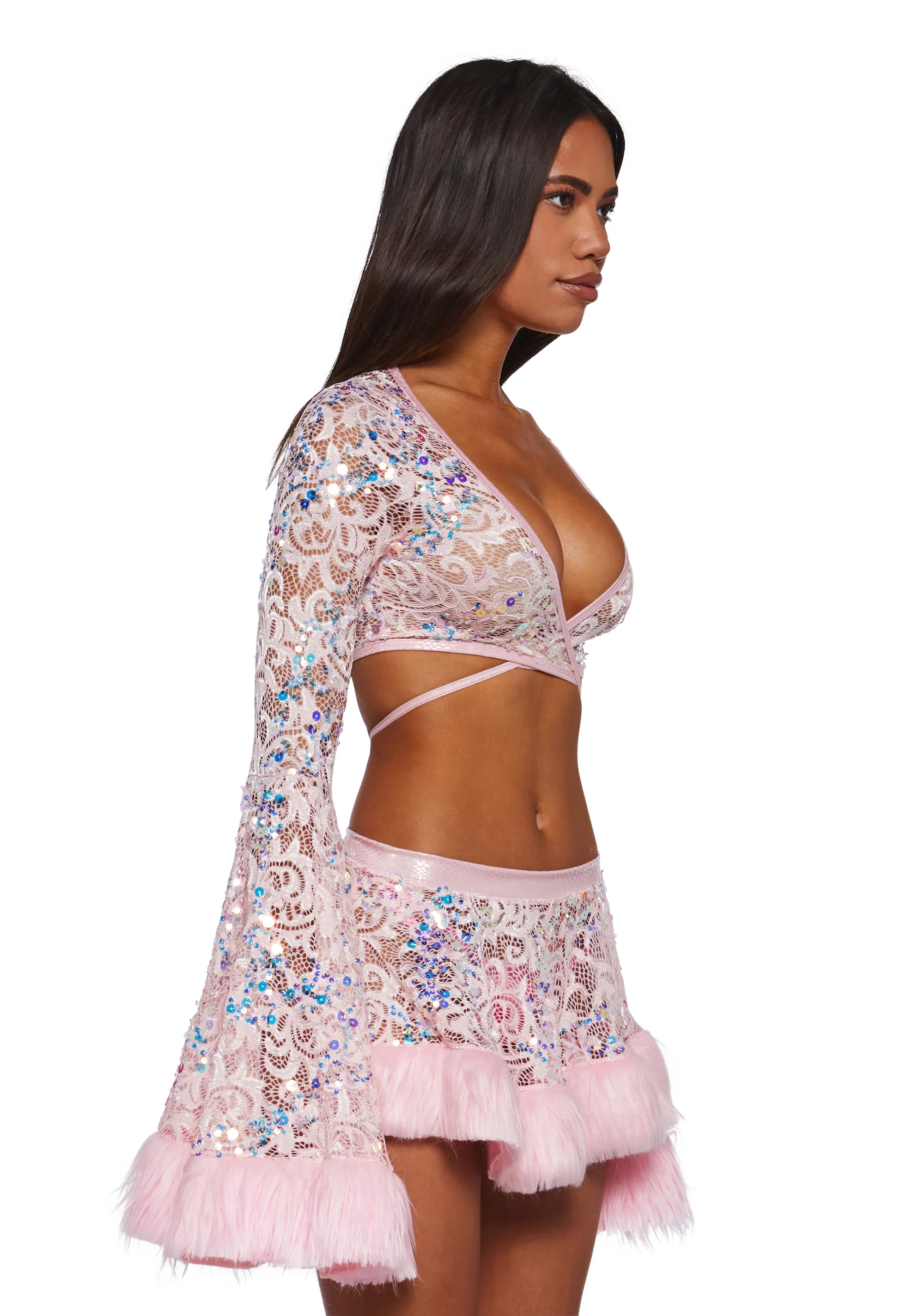 Sequin Faux Fur Trimmed Wrap Top - Pink - Image 3