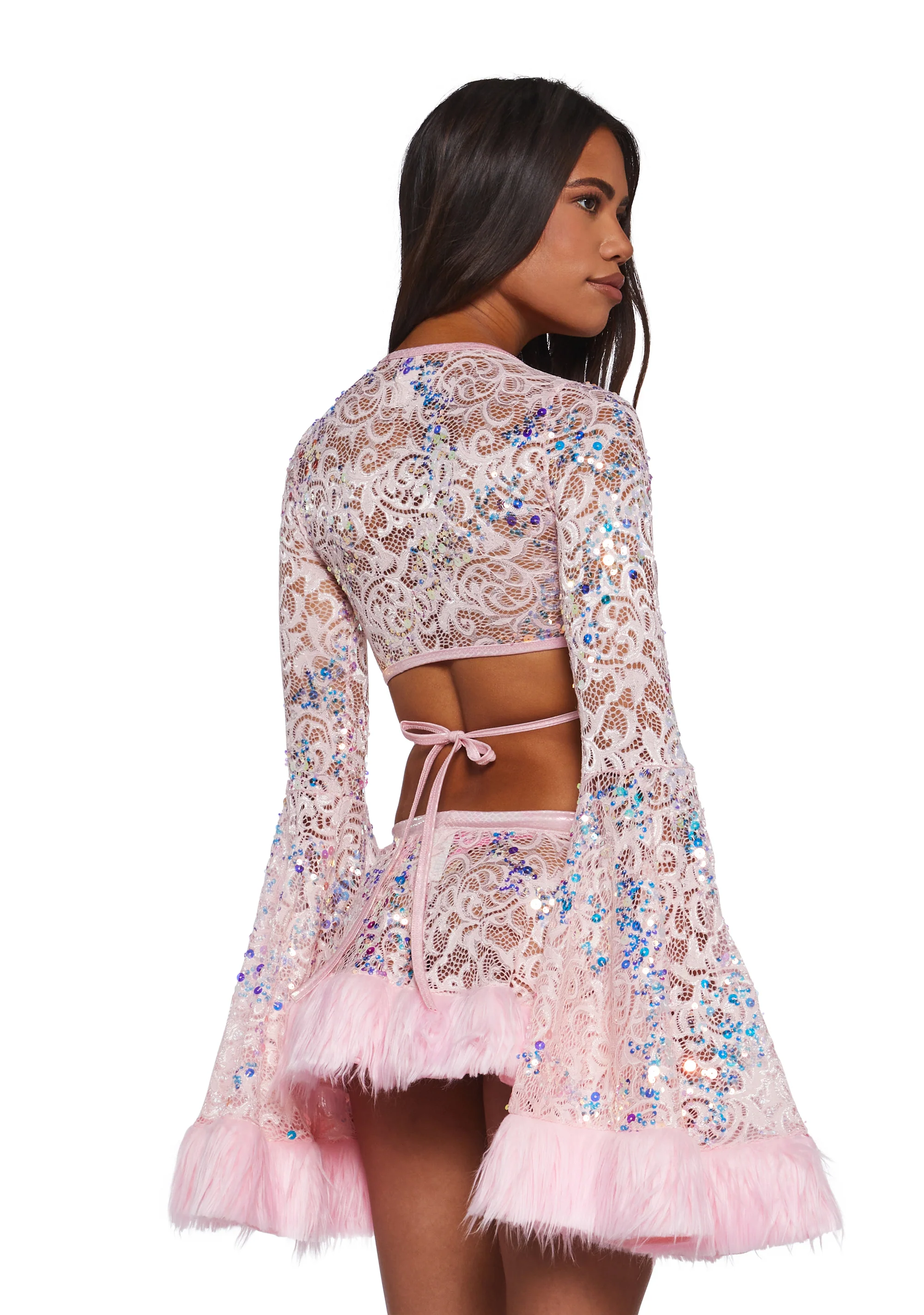 Sequin Faux Fur Trimmed Wrap Top - Pink - Image 4