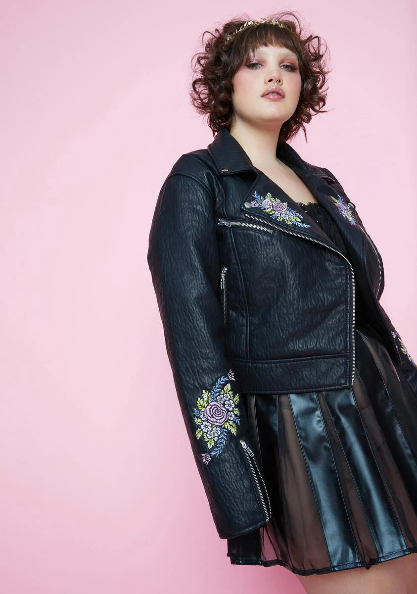 She's Gaia's Daughter Floral Embroidered Moto Jacket - Image 3