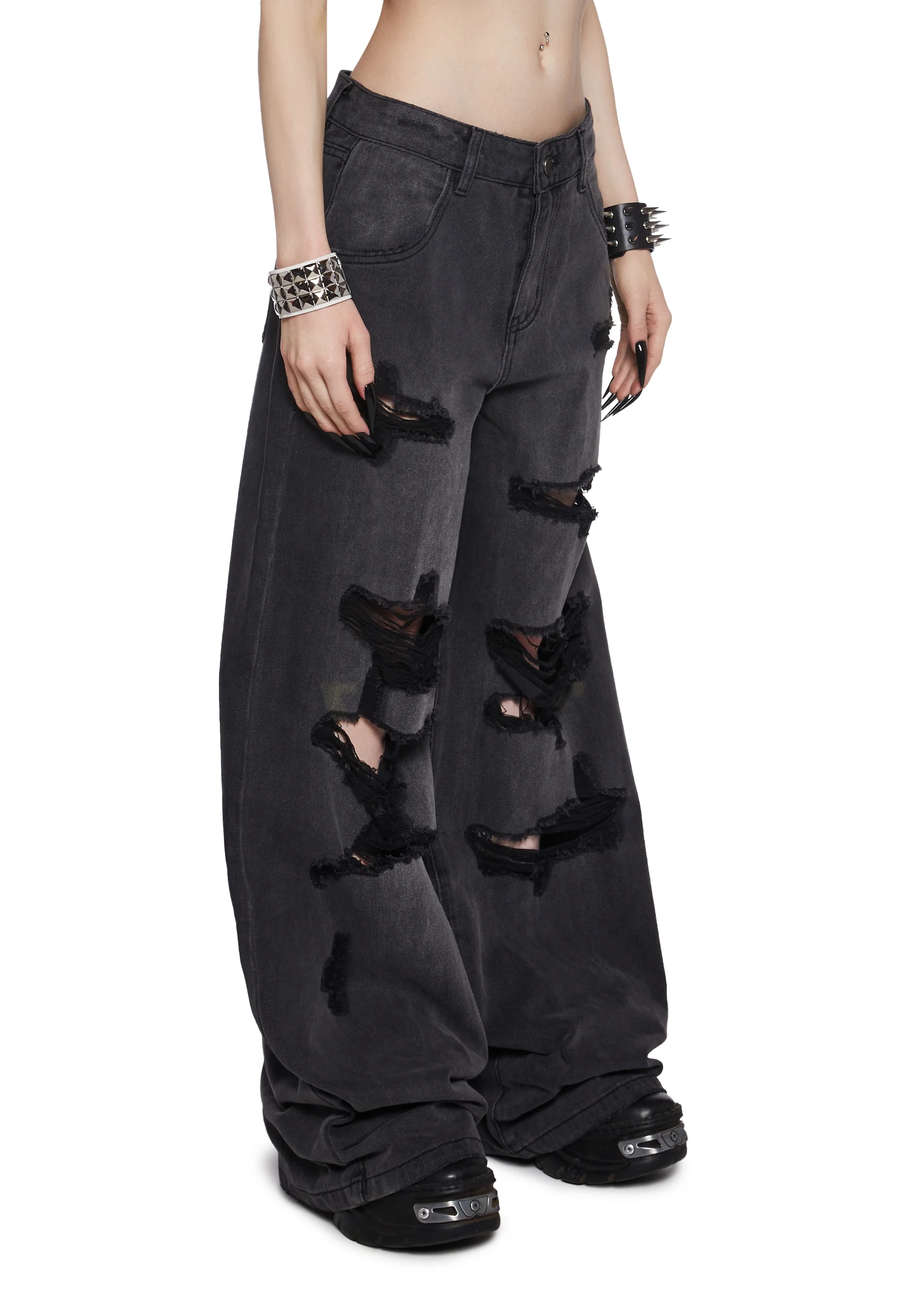 Sinful Attitude Wide Leg Jeans - Distressed Grey - Image 3