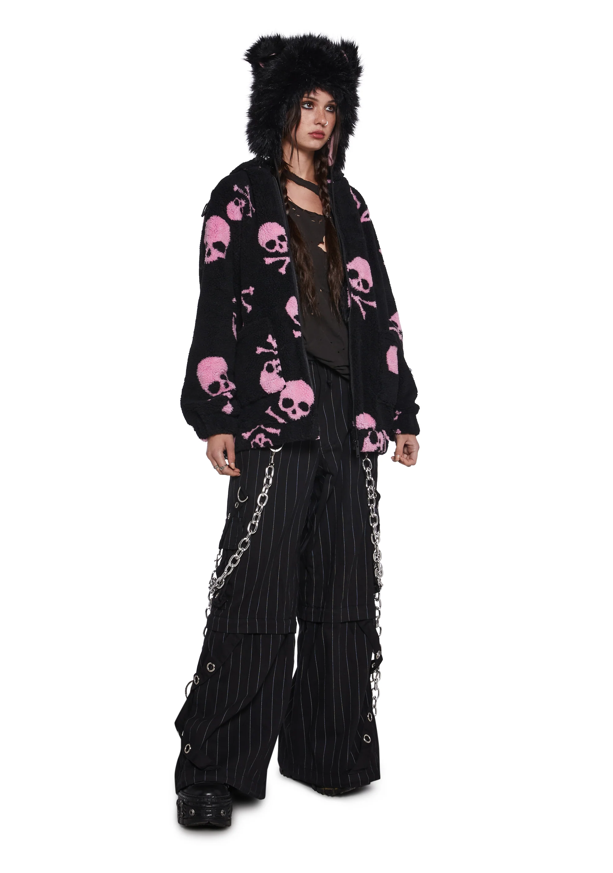 Skull On My Sleeve Hooded Sherpa Jacket - Pink - Image 2