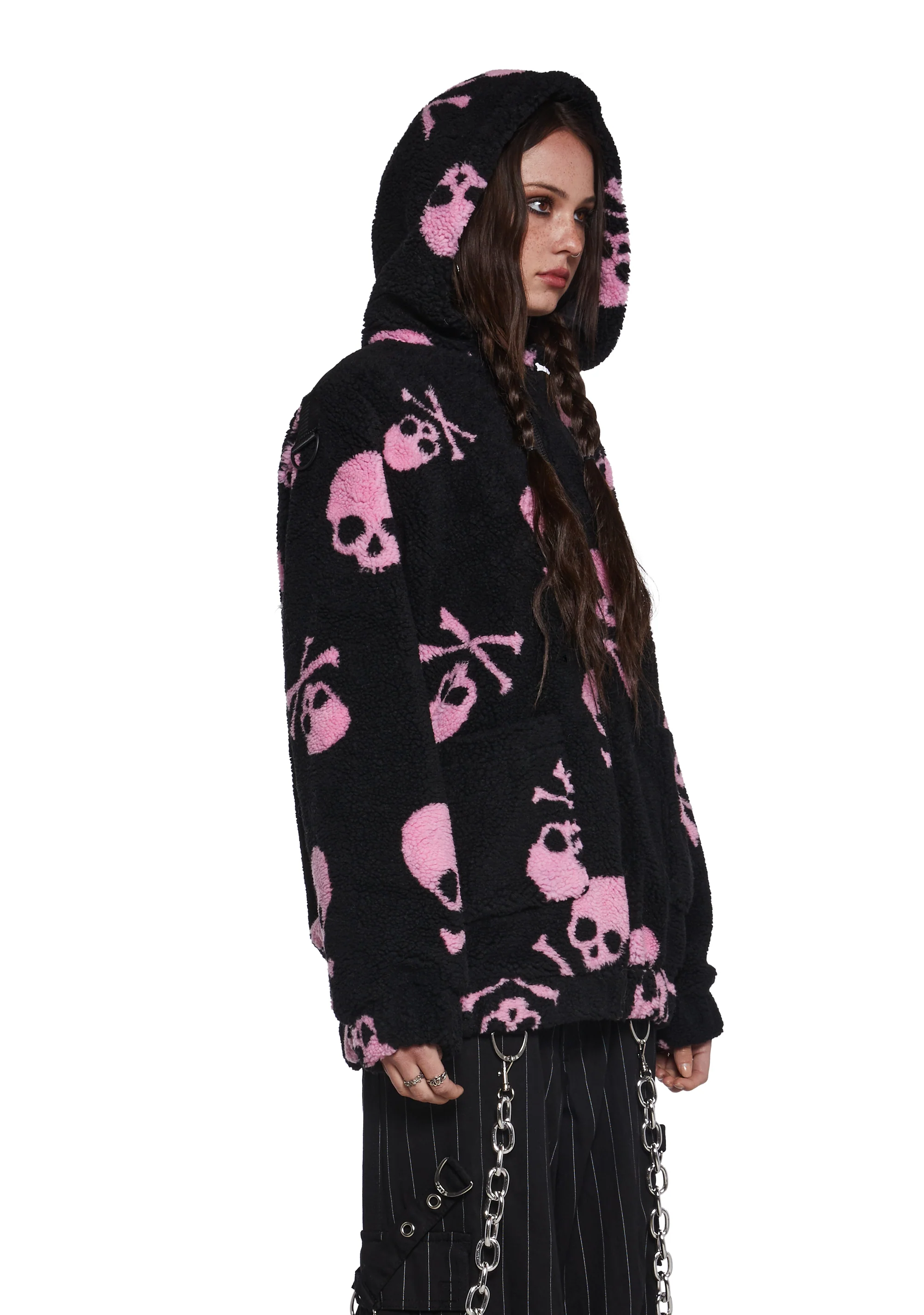 Skull On My Sleeve Hooded Sherpa Jacket - Pink - Image 3